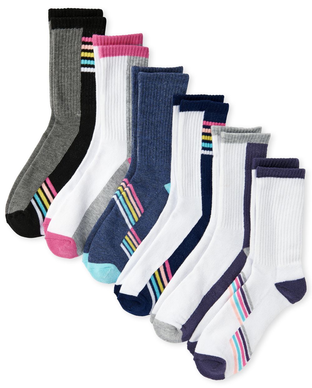 Girls Rainbow Striped Athletic Crew Socks 6-Pack