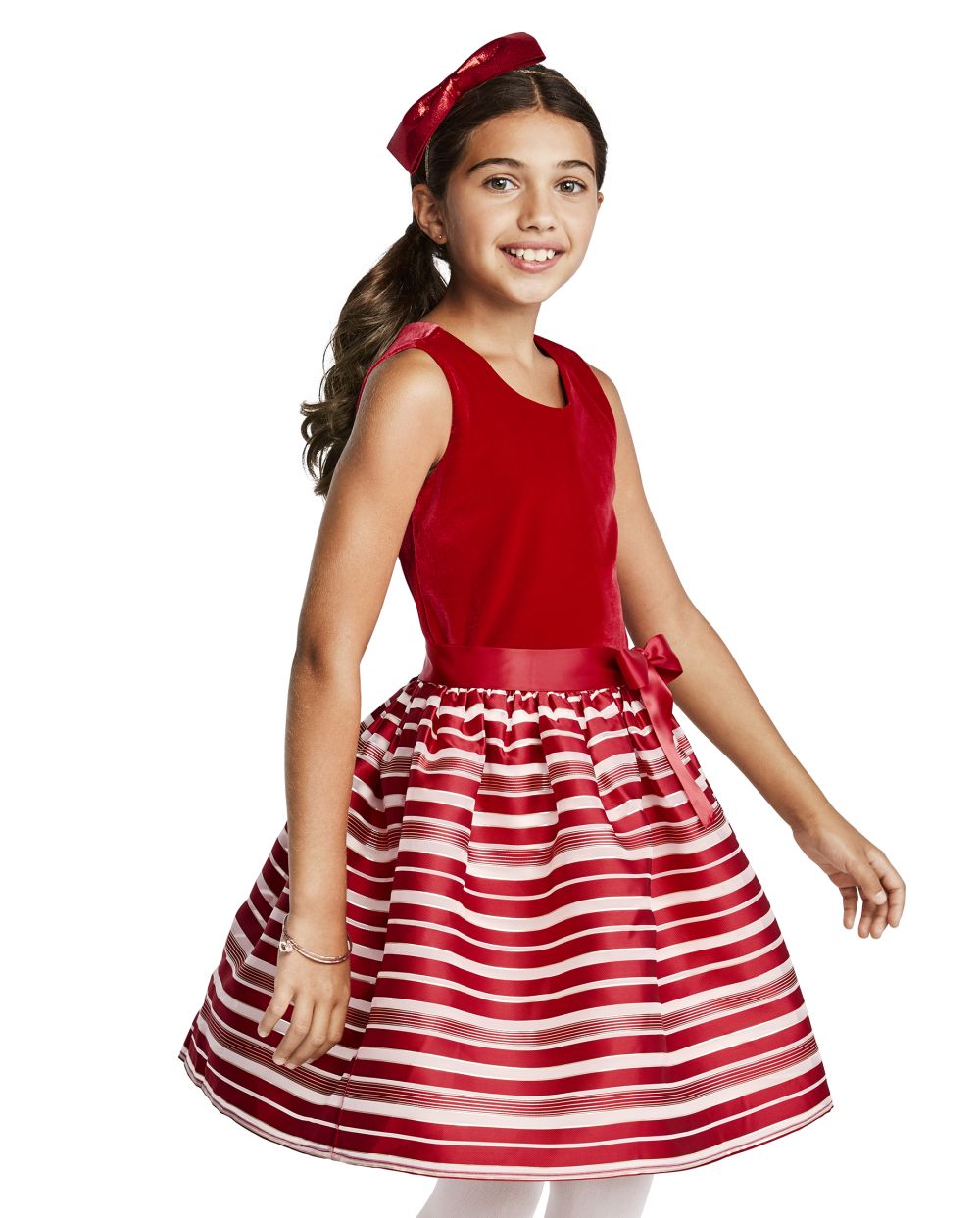 

Girls Velour Candy Cane Striped Knit To Woven Dress - Red - The Children's Place