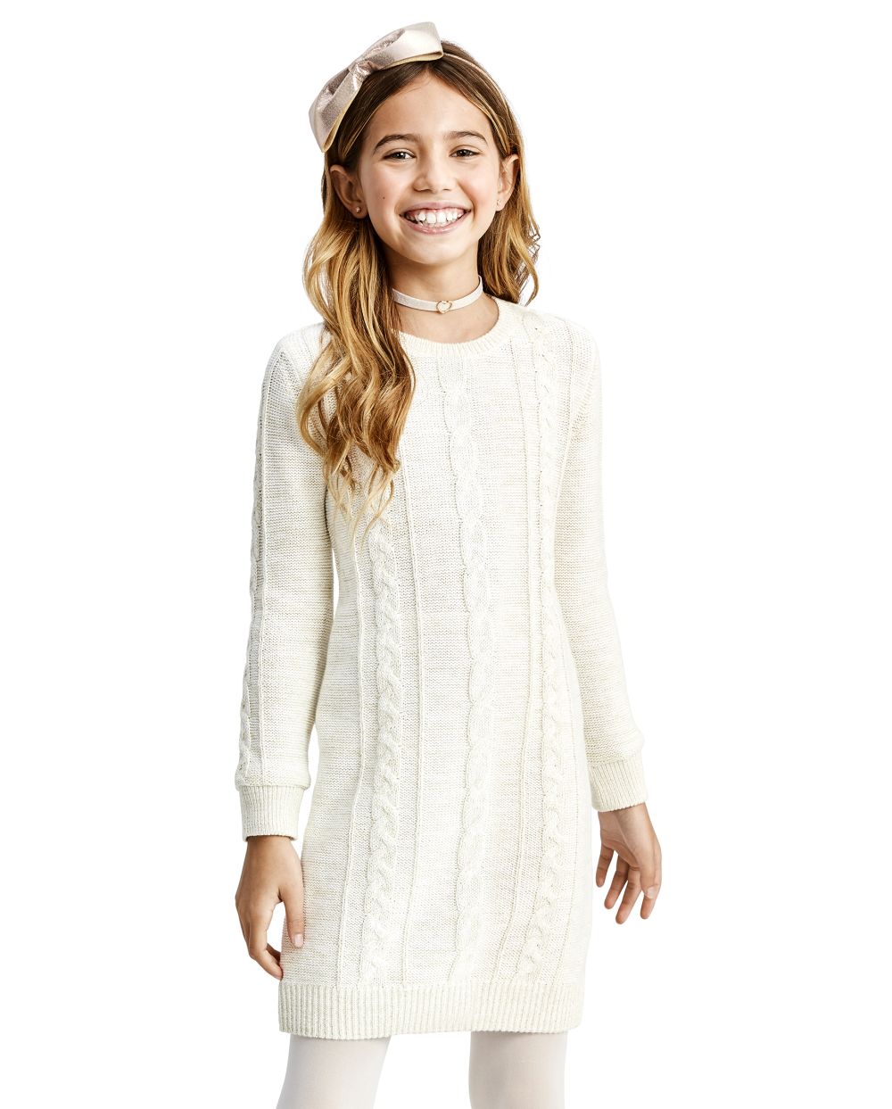 

Girls Cable Knit Sweater Dress - White - The Children's Place