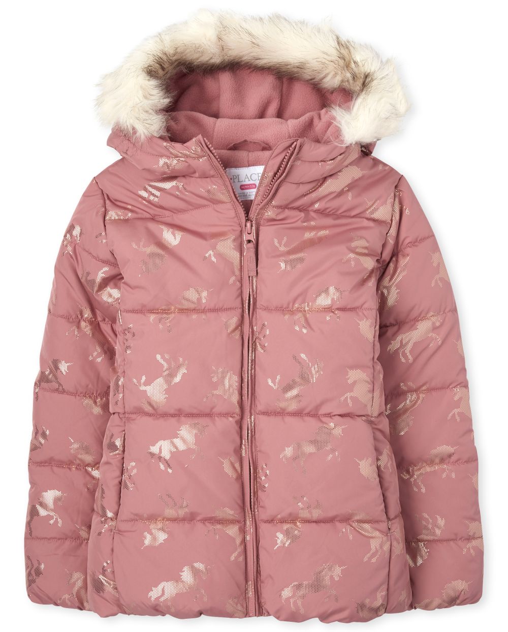 

Girls Foil Unicorn Puffer Jacket - Pink - The Children's Place