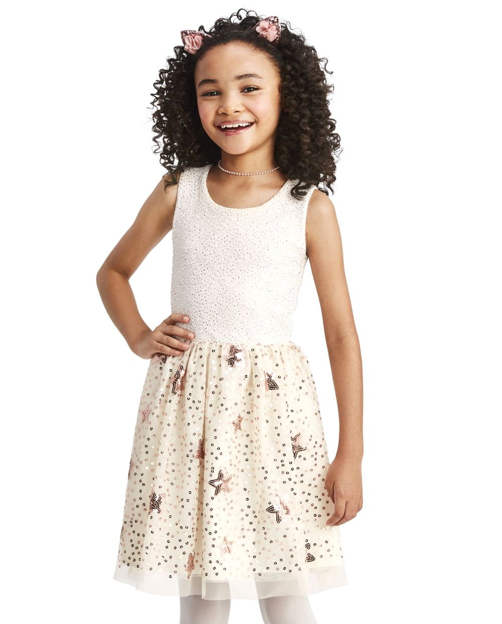 

Girls Sequin Star Knit To Woven Dress - White - The Children's Place