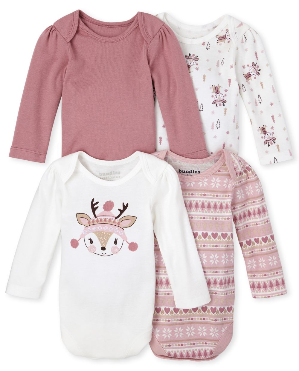 

Newborn Baby Fairisle Deer Bodysuit 4-Pack - Pink - The Children's Place