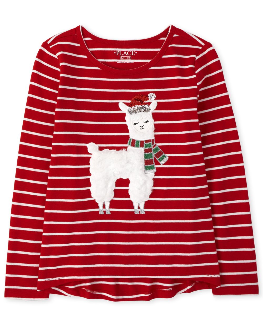 

Girls Faux Fur Christmas Llama Striped Top - Red - The Children's Place