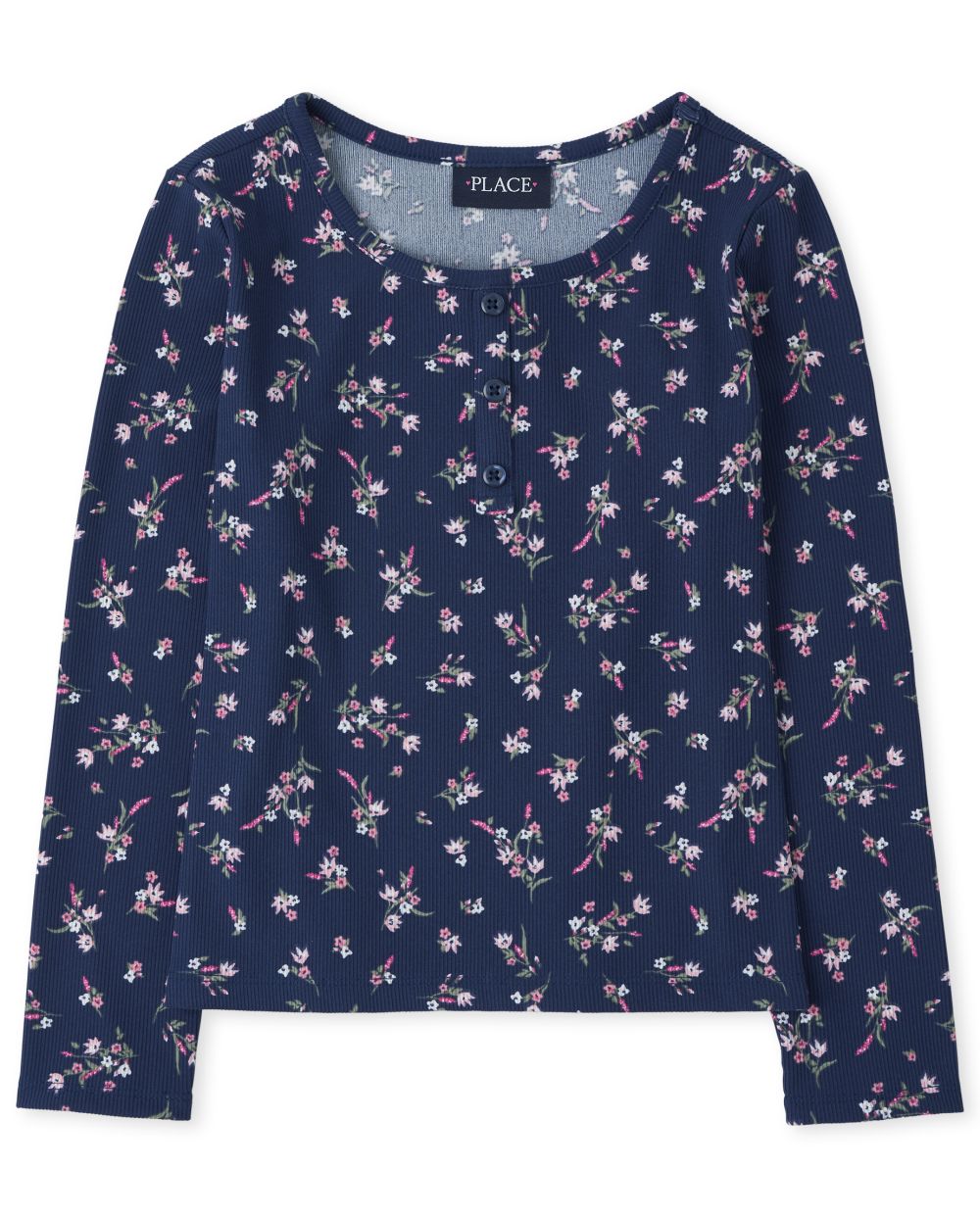 

Girls Floral Rib Knit Henley Top - Blue - The Children's Place