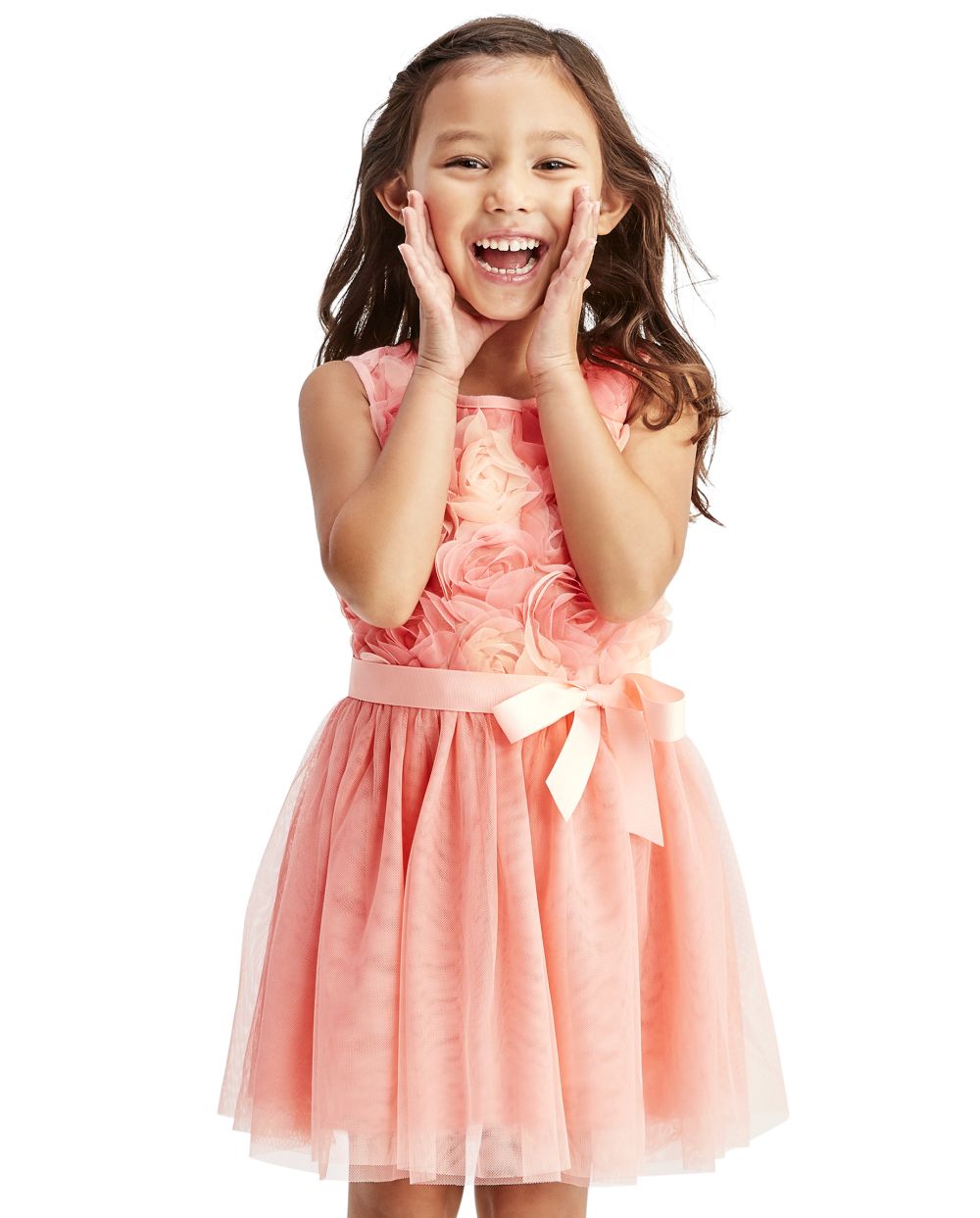 Toddler Above the Knee Mesh Flower(s) Belted Sleeveless Dress With a Ribbon