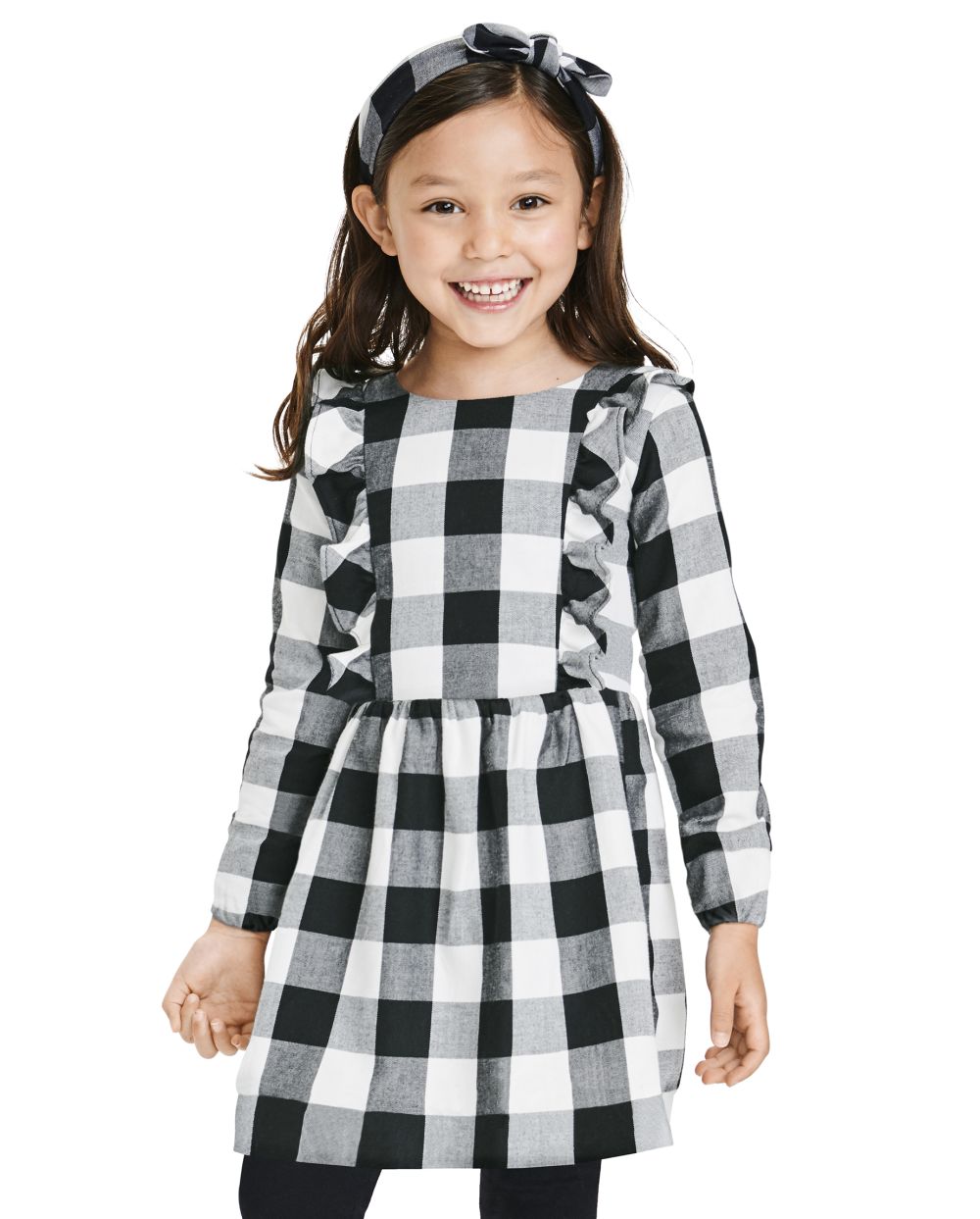 Toddler Long Sleeves Plaid Print Ruffle Trim Button Closure Above the Knee Dress