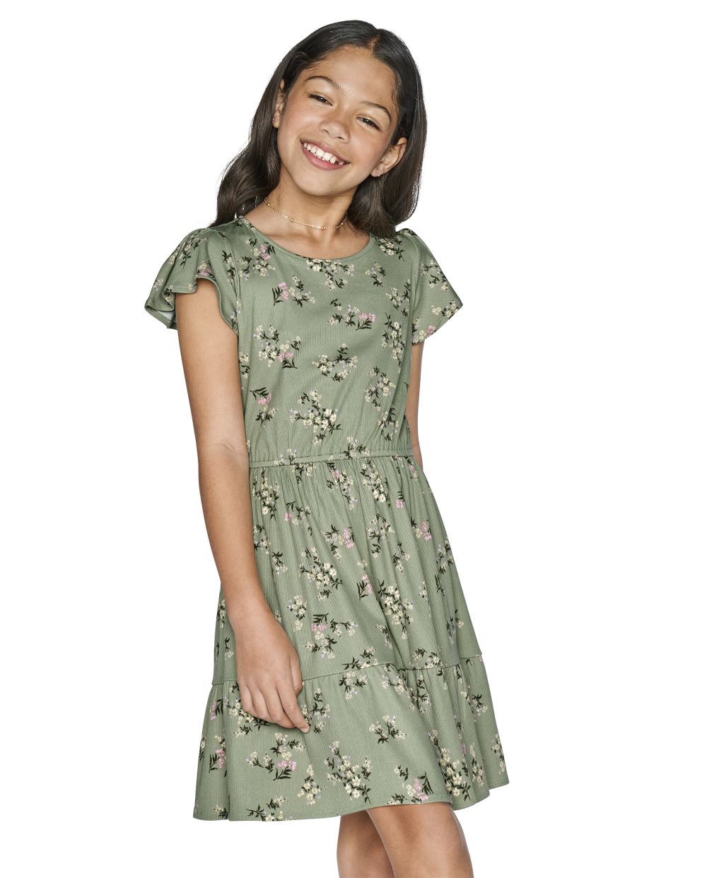 Girls Floral Print Short Sleeves Sleeves Above the Knee Tiered Dress With Ruffles