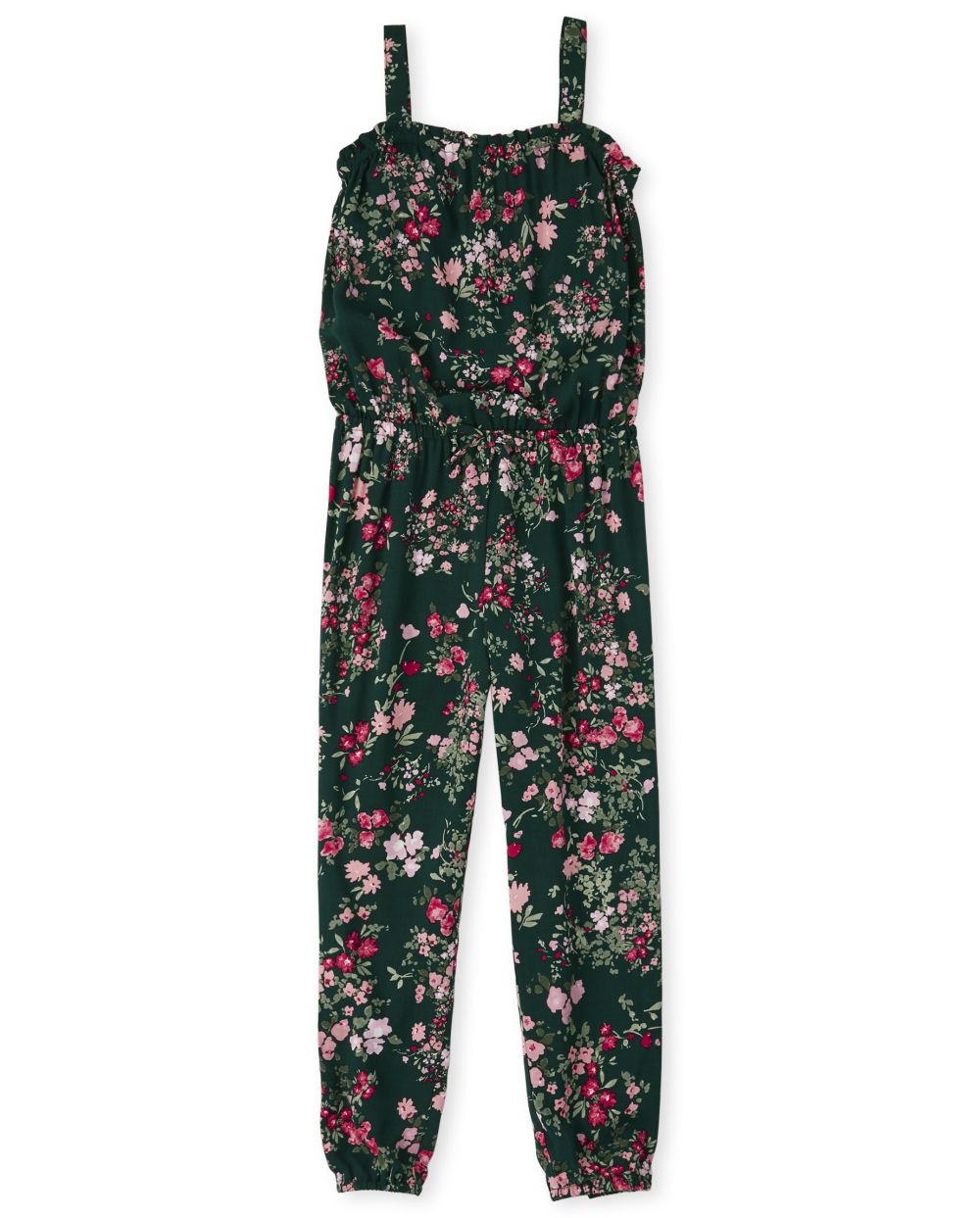 Girls Sleeveless Floral Print Jumpsuit With Ruffles