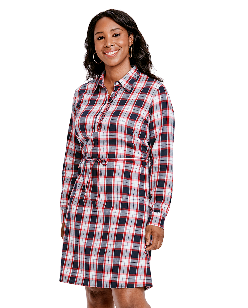 Tie Waist Waistline Long Sleeves Ruffle Trim Self Tie Belted Button Front Plaid Print Above the Knee Shirt Dress