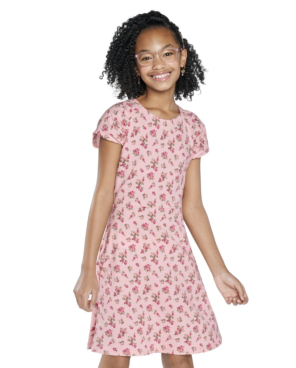 Girls Short Sleeves Sleeves Above the Knee Gathered Floral Print Dress