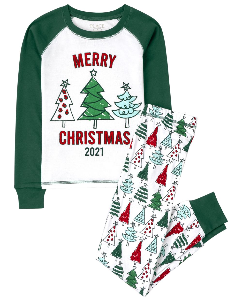 Girls Unisex Kids Matching Family Christmas Tree Snug Fit Cotton Pajamas - White