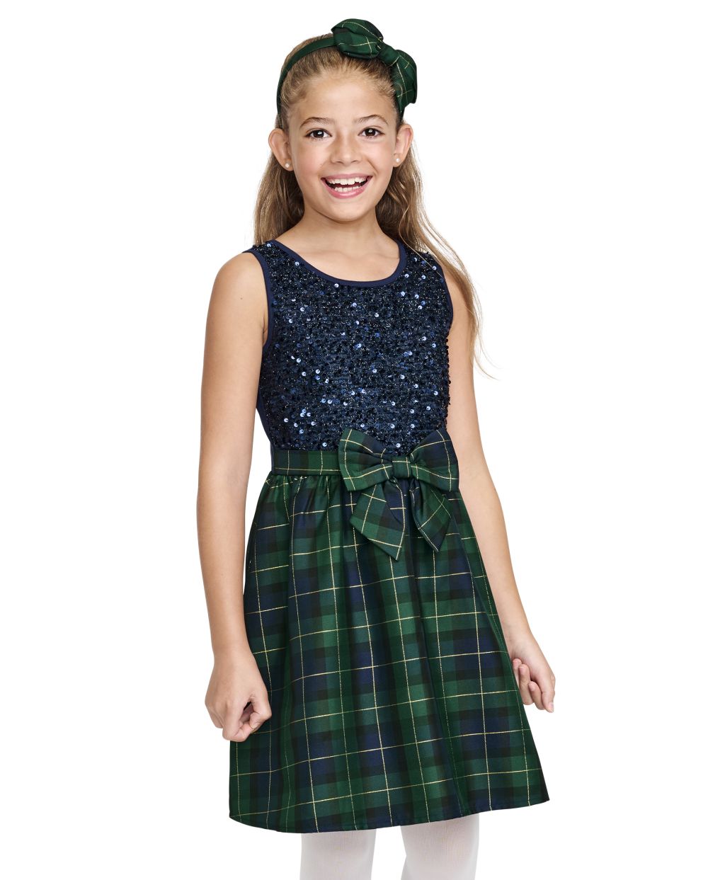Girls Sequin Plaid Knit To Woven Dress - Green