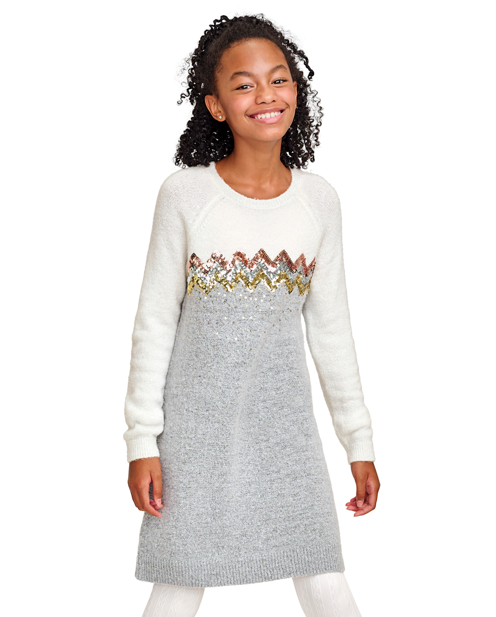Girls Chevron Print Sweater Long Sleeves Sequined Crew Neck Above the Knee Dress