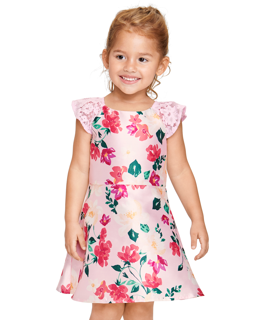 Toddler Fitted Back Zipper Short Sleeves Sleeves Fit-and-Flare Above the Knee Floral Print Dress With Ruffles