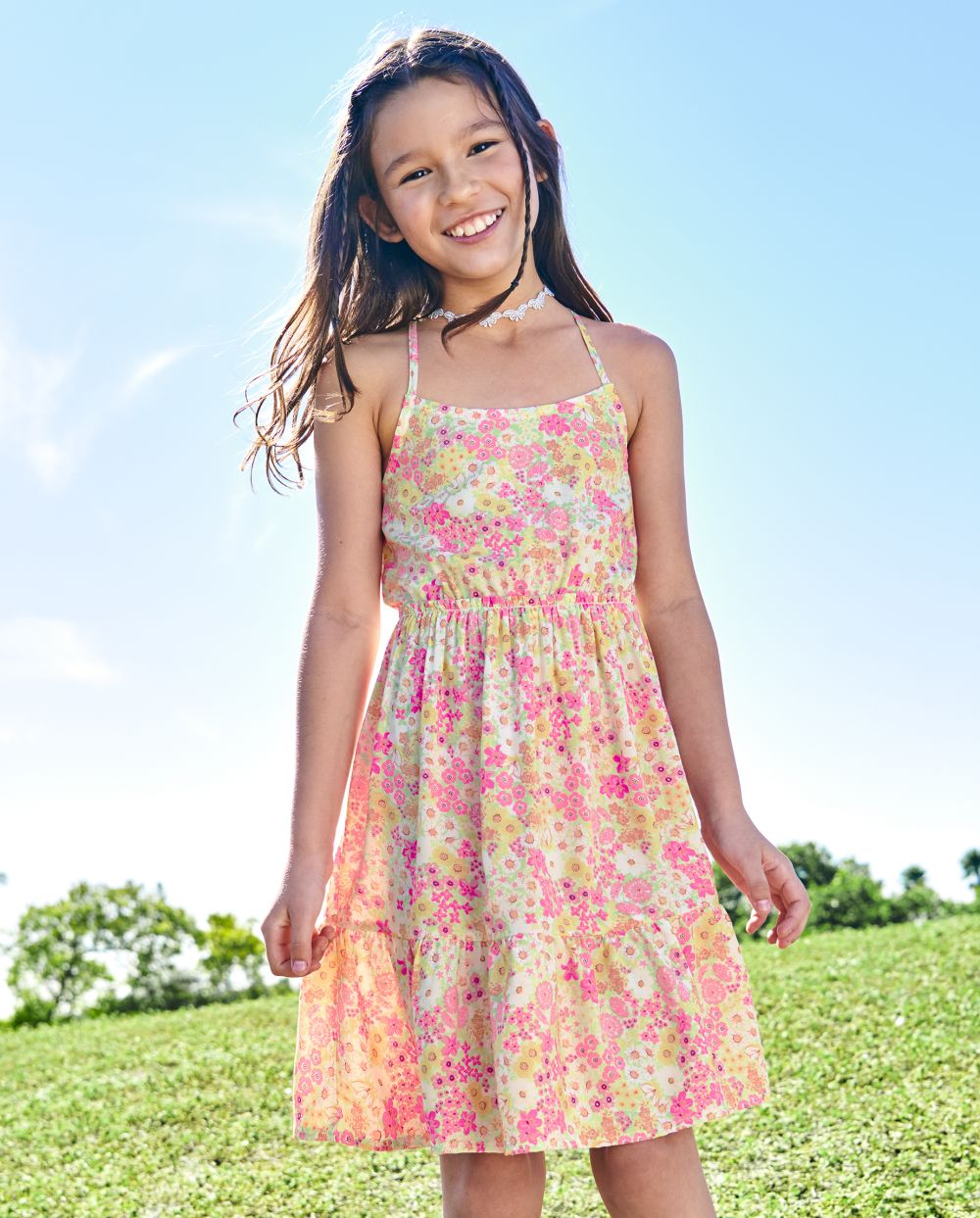 Girls Rayon Above the Knee Floral Print Racerback Dress With Ruffles