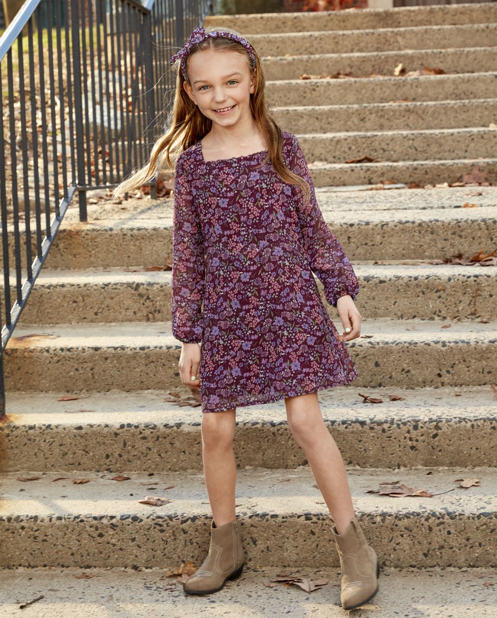 Girls Long Sleeves Floral Print Ruffle Trim Above the Knee Square Neck Dress