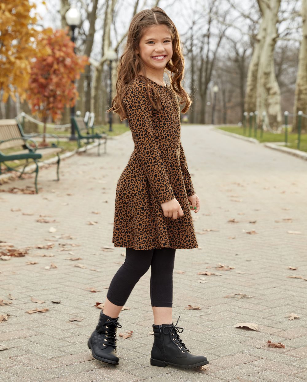 Girls Knit Animal Leopard Print Long Sleeves Skater Dress