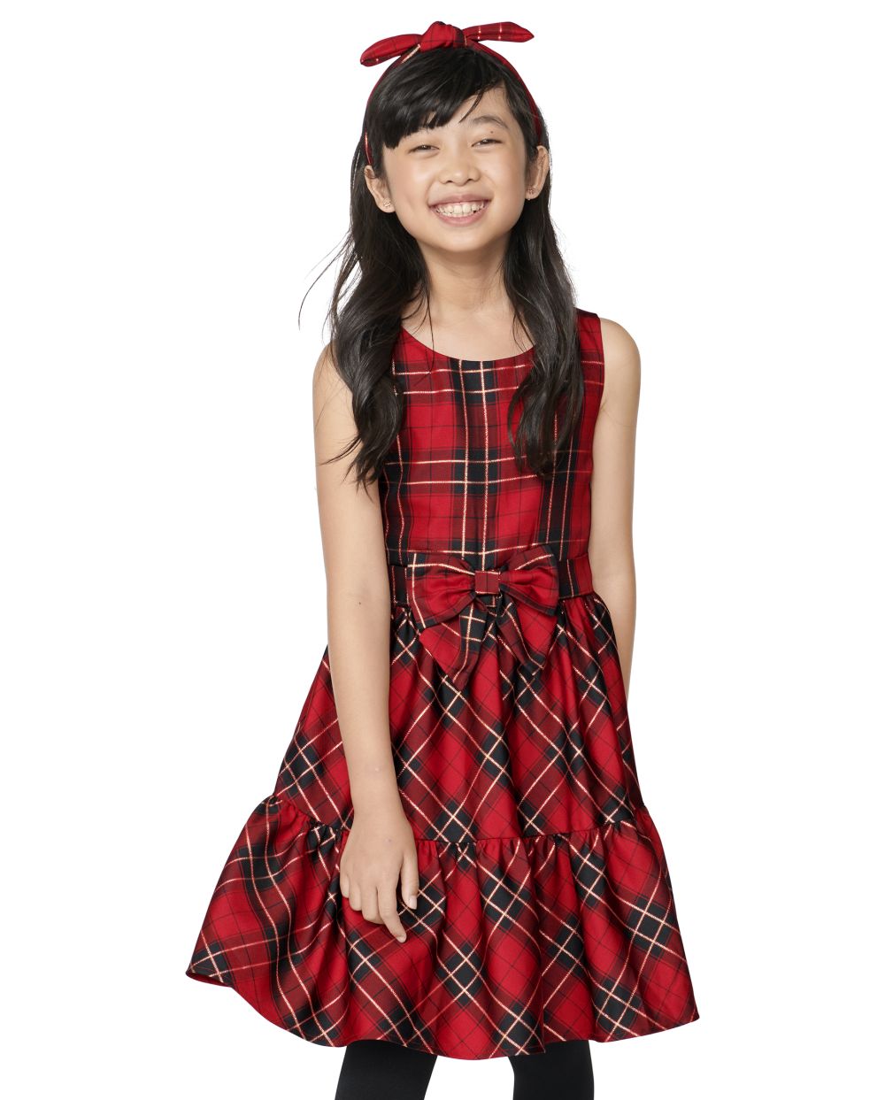 Girls Above the Knee Tiered Plaid Print Sleeveless Dress With a Bow(s)