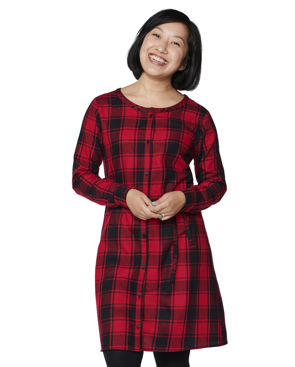 Long Sleeves Above the Knee Tie Waist Waistline Button Front Belted Self Tie Plaid Print Shirt Dress