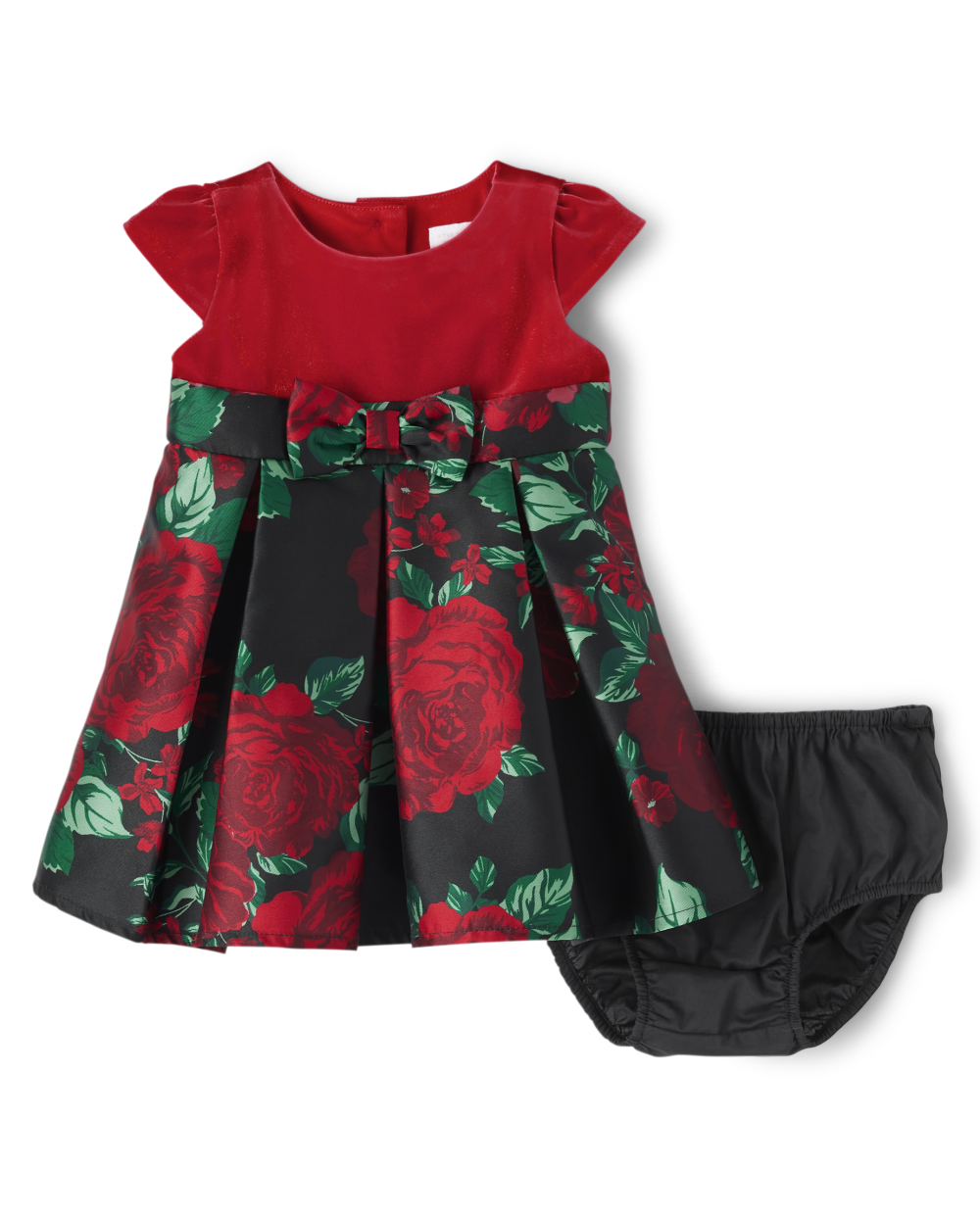 Toddler Above the Knee Elasticized Waistline Button Closure Short Sleeves Sleeves Floral Print Dress With a Bow(s)