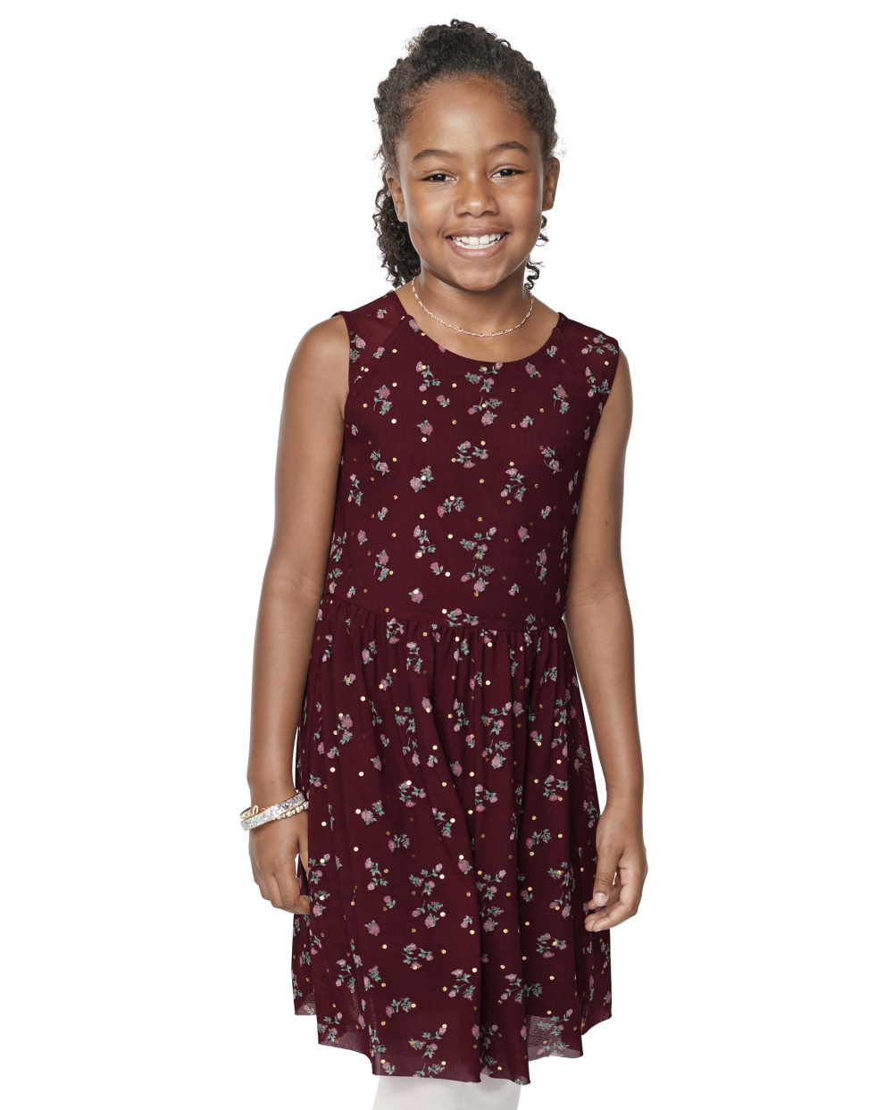 Girls Mesh Back Zipper Floral Print Above the Knee High-Low-Hem Sleeveless Dress