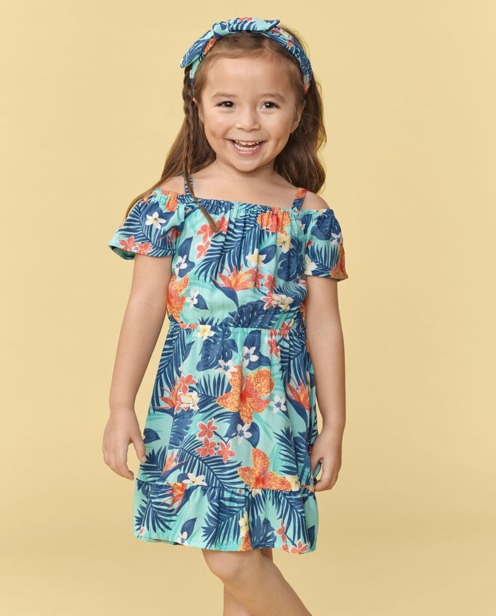 Toddler Baby Rayon Short Sleeves Sleeves Off the Shoulder Above the Knee Tropical Print Tiered Dress
