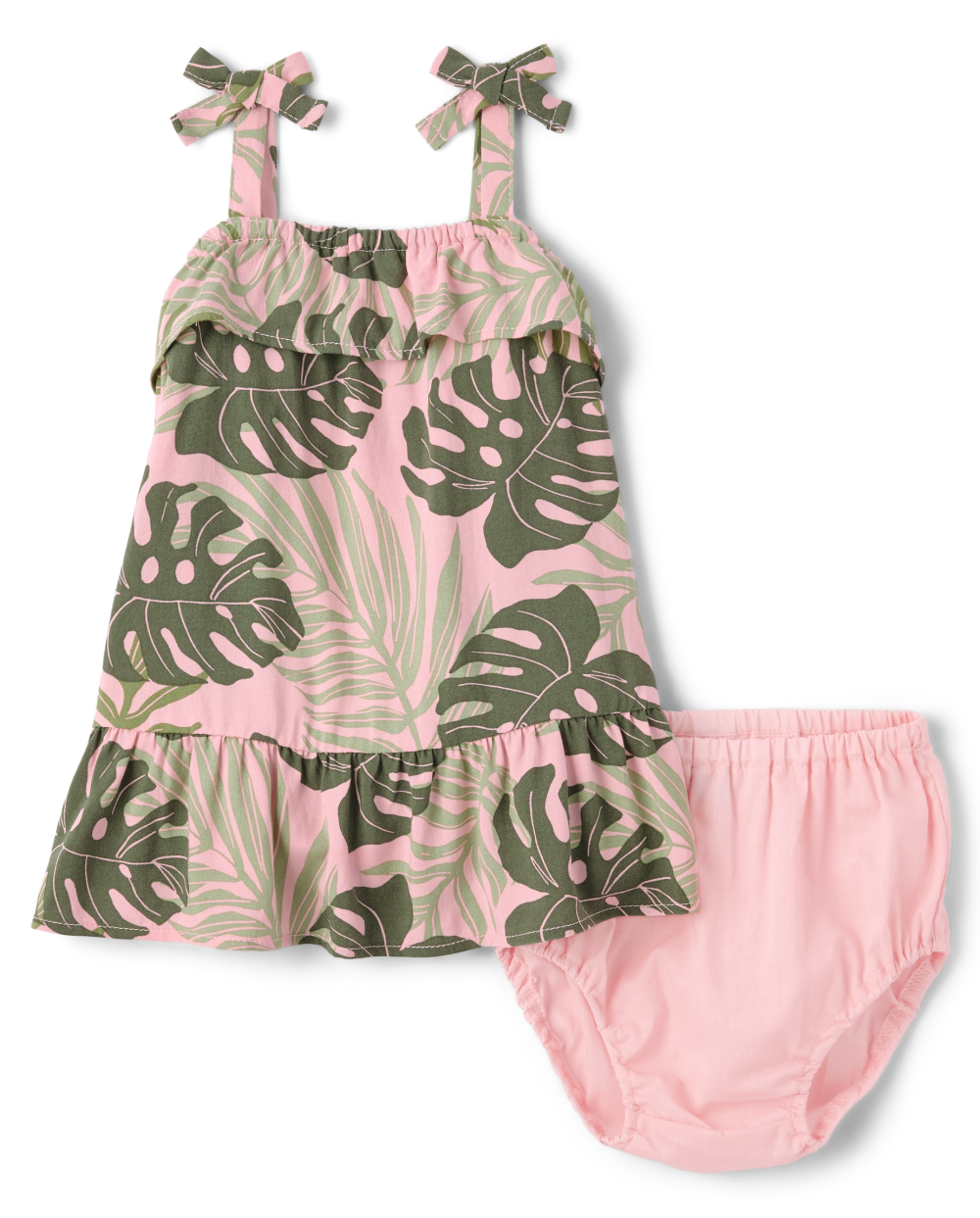 Toddler Sleeveless Ruffle Trim Tiered Elasticized Waistline Tropical Print Above the Knee Dress With a Bow(s)