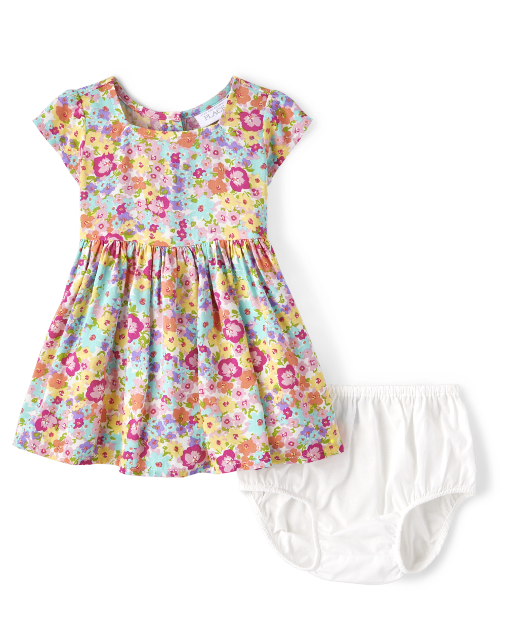 Toddler Button Closure Elasticized Waistline Short Sleeves Sleeves Floral Print Square Neck Above the Knee Dress