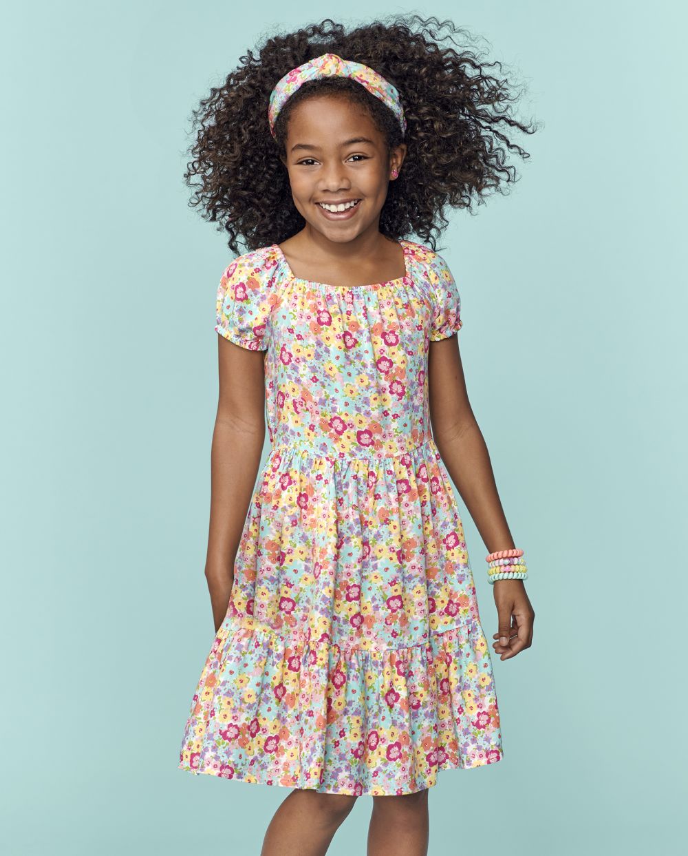 Girls Square Neck Above the Knee Floral Print Short Sleeves Sleeves Tiered Rayon Dress