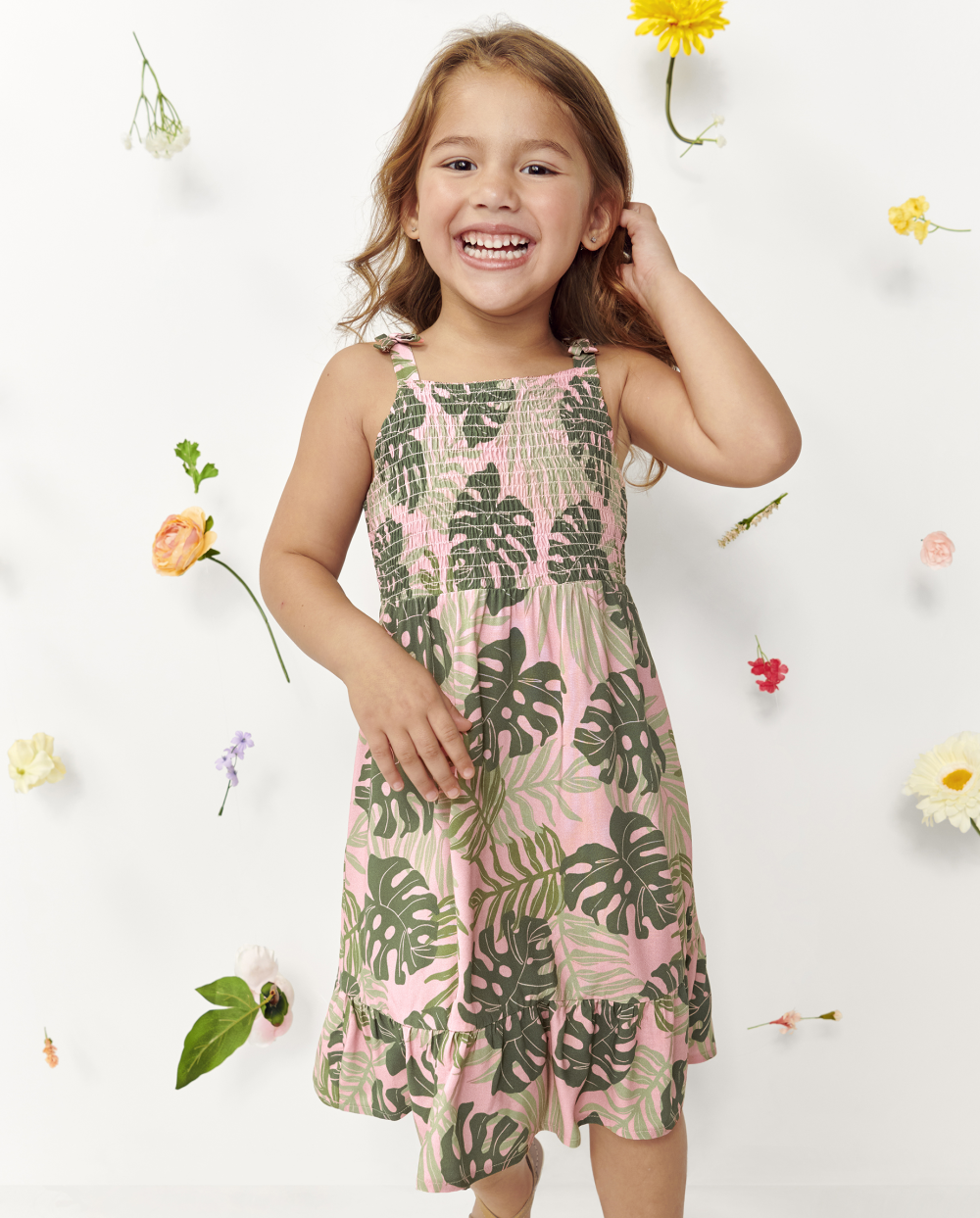 Toddler Tropical Print Above the Knee Sleeveless Tiered Smocked Rayon Dress With a Bow(s)