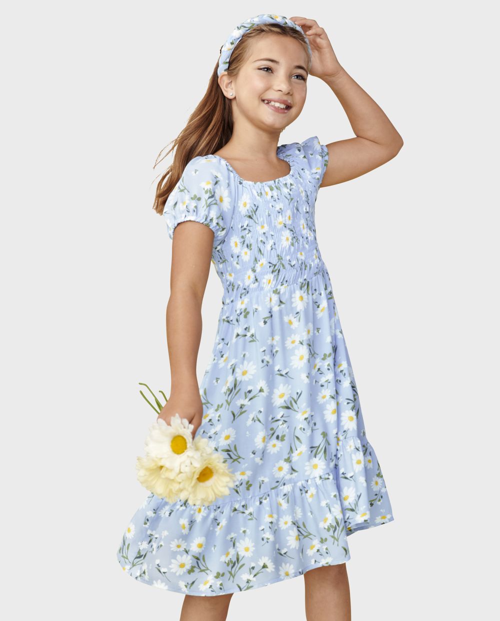 Girls Puff Sleeves Sleeves Floral Print Above the Knee Tiered Rayon Smocked Square Neck Dress