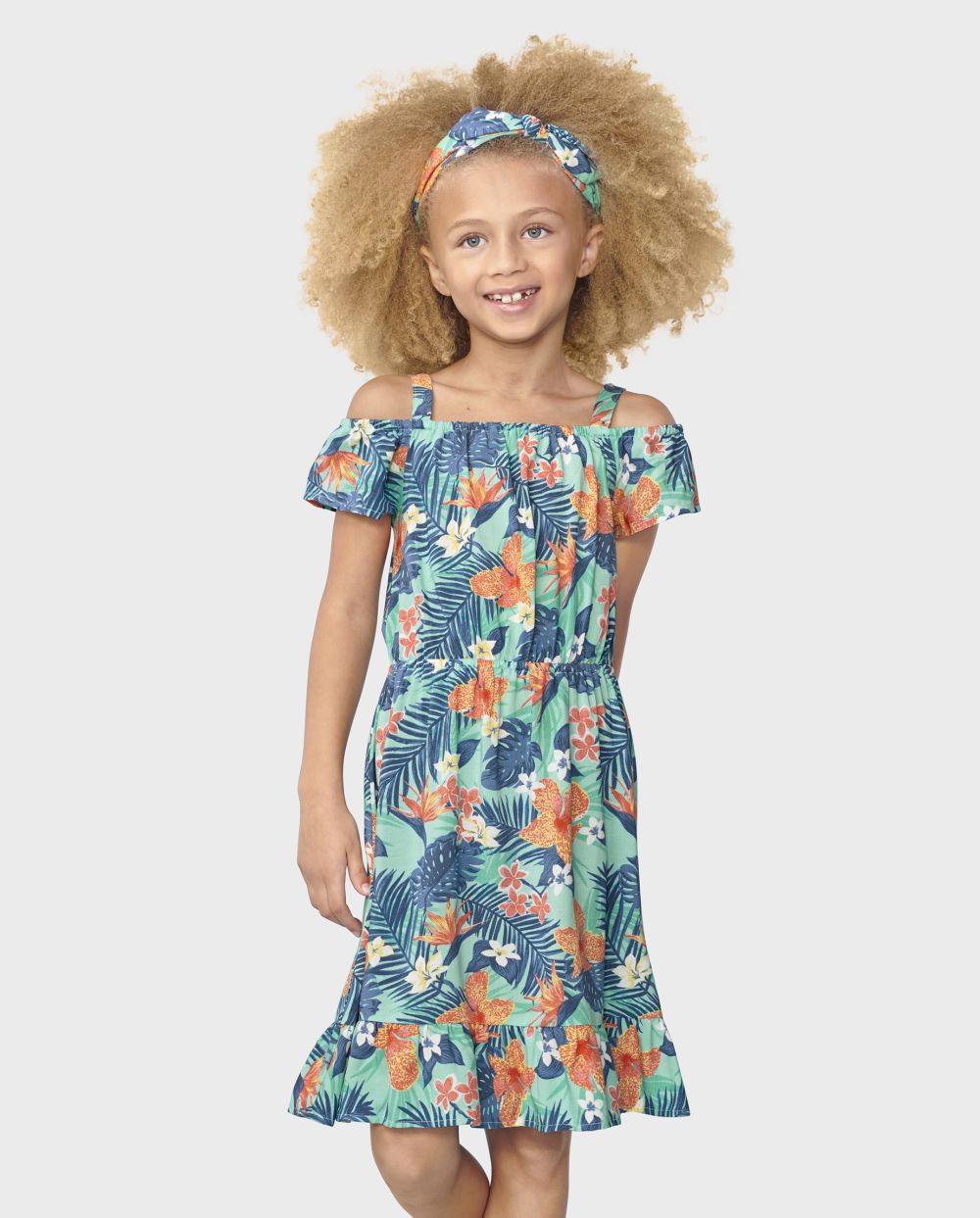 Girls Rayon Tropical Print Above the Knee Off the Shoulder Sleeveless Dress With Ruffles