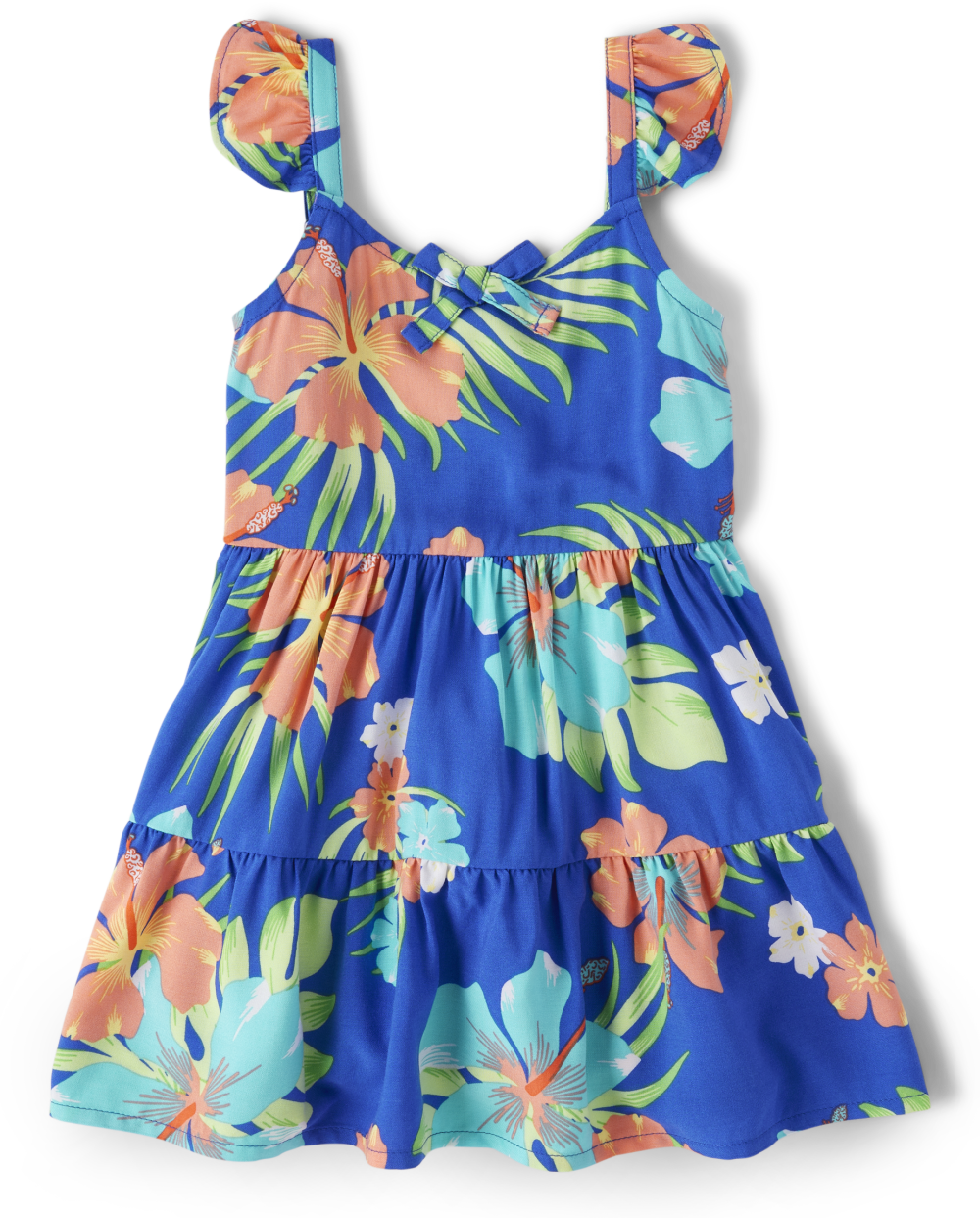 Toddler Flutter Sleeves Sleeveless Floral Tropical Print Tiered Above the Knee Rayon Dress With a Bow(s)