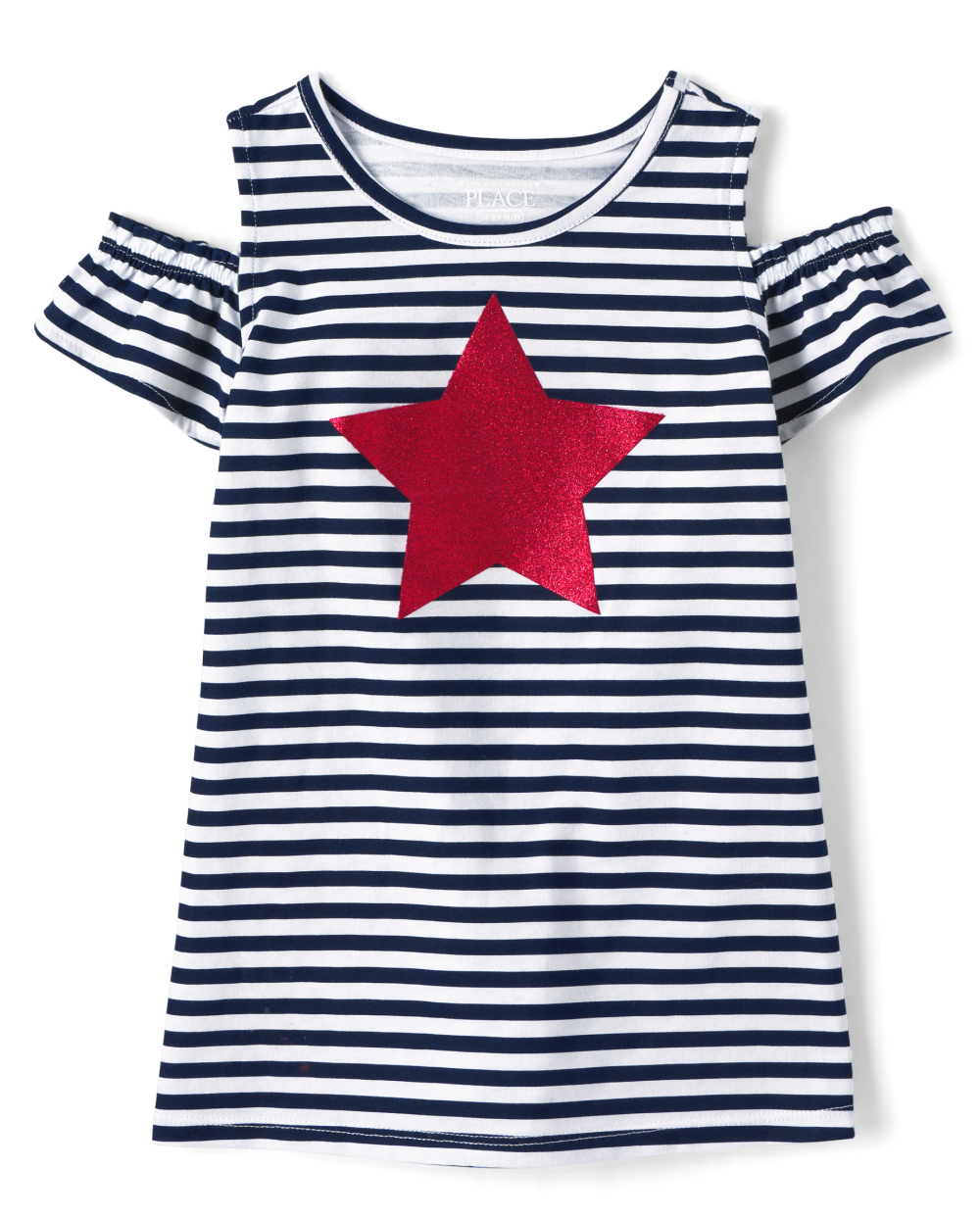 The Children’s Place Baby And Toddler Girls Striped Star Cold Shoulder Dress | Blue | 100% Cotton The Children’s Place Baby And Toddler Girls Striped Star Cold Shoulder Dress | Blue | 100% Cotton