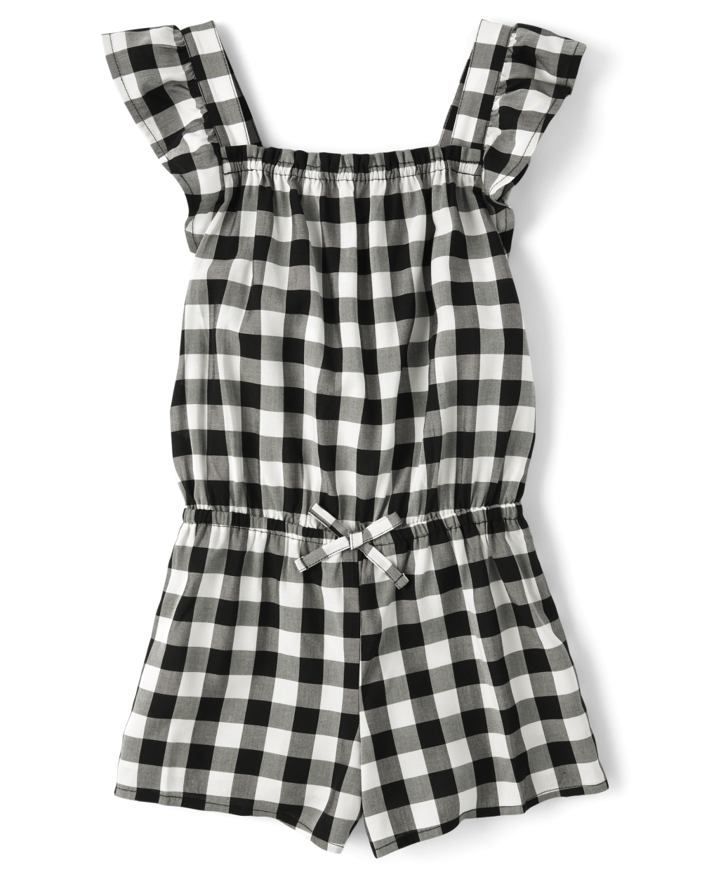 Girls Checkered Gingham Print Flutter Short Sleeves Sleeves Rayon Square Neck Ruffle Trim Romper