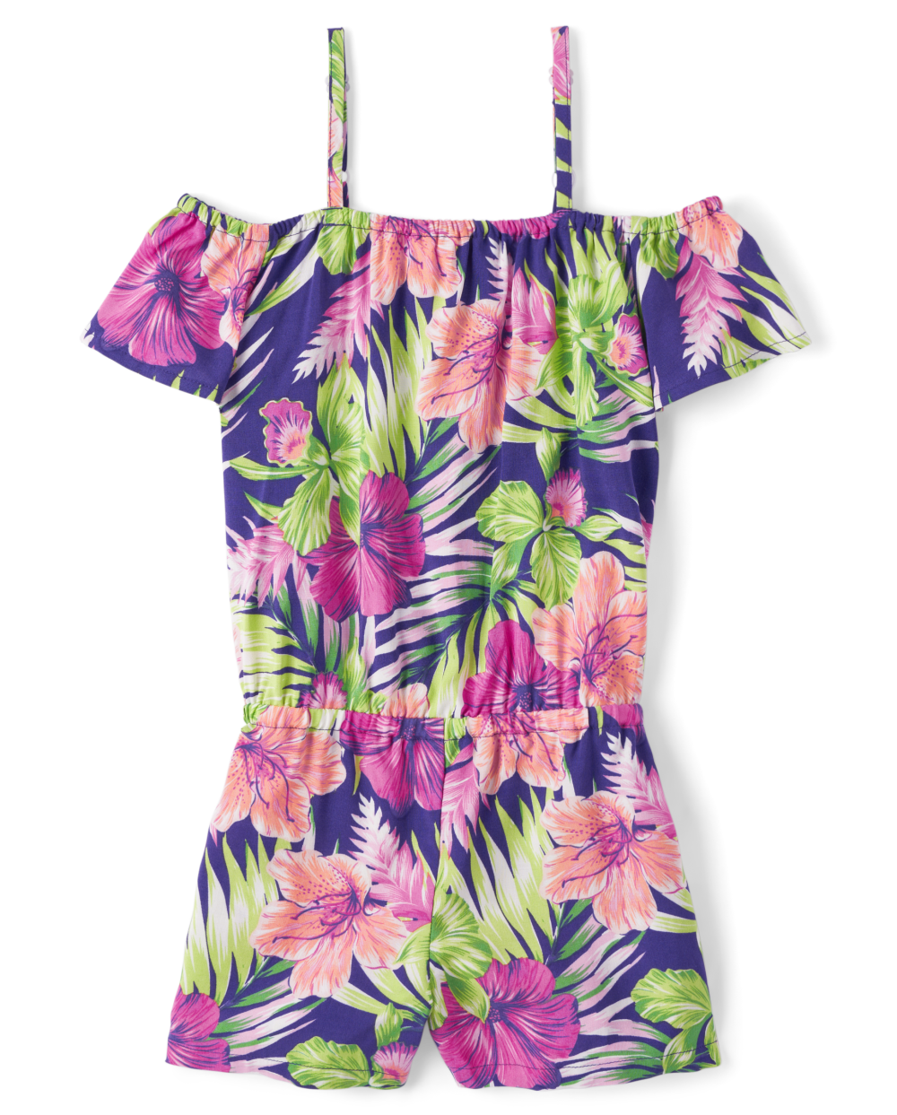 Girls Short Sleeves Sleeves Off the Shoulder Floral Tropical Print Rayon Ruffle Trim Romper