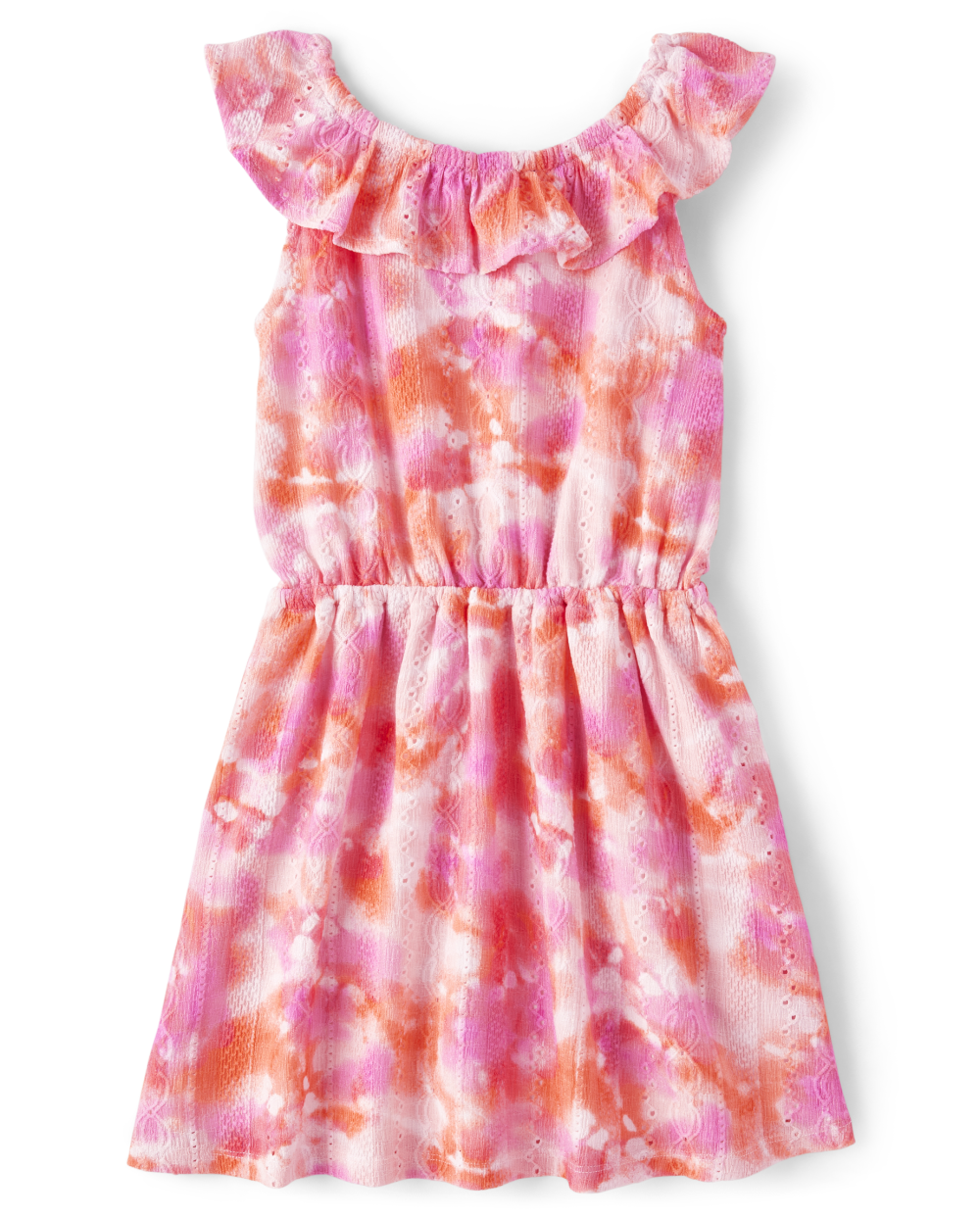Girls Above the Knee Tie Dye Print Jacquard Sleeveless Dress With Ruffles