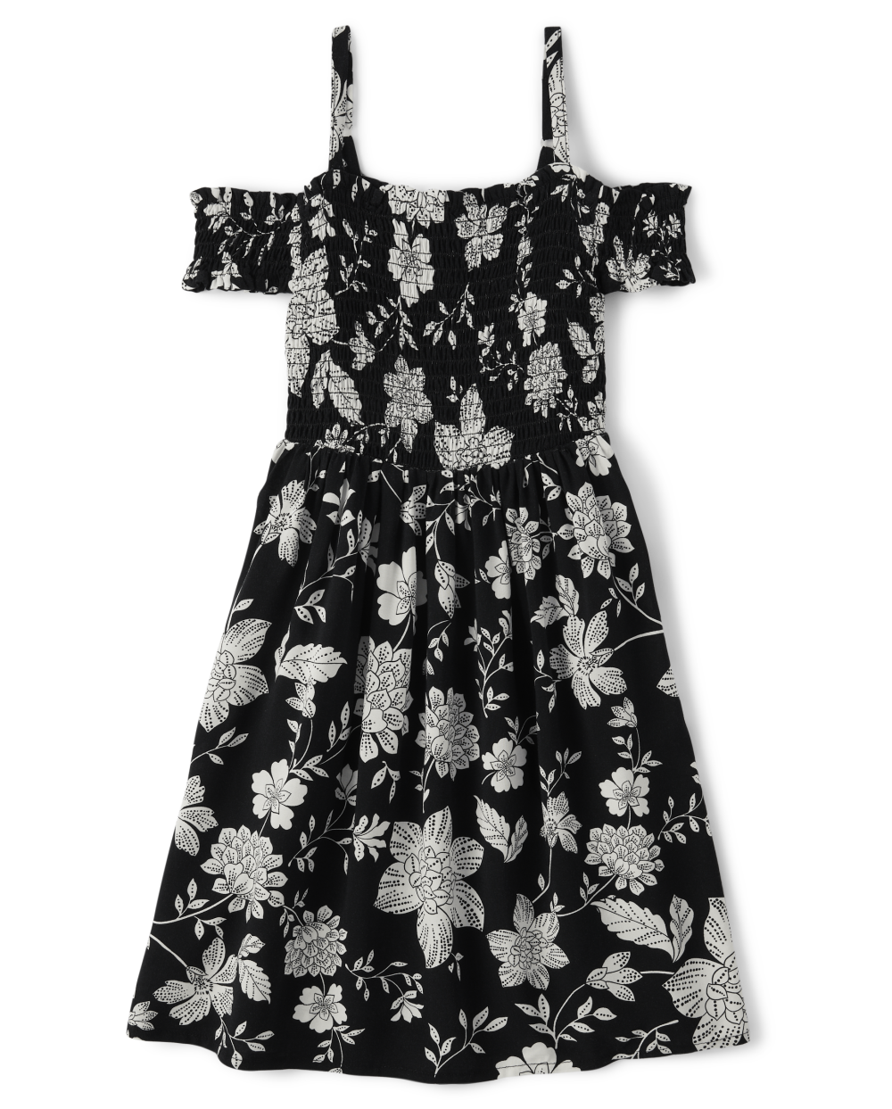 Girls Smocked Above the Knee Rayon Floral Print Cold Shoulder Short Sleeves Sleeves Off the Shoulder Ruffle Trim Dress