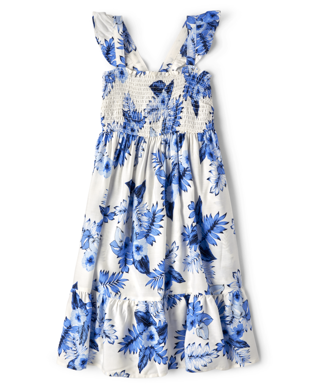 Girls Above the Knee Floral Print Tiered Rayon Flutter Sleeves Sleeveless Smocked Ruffle Trim Dress