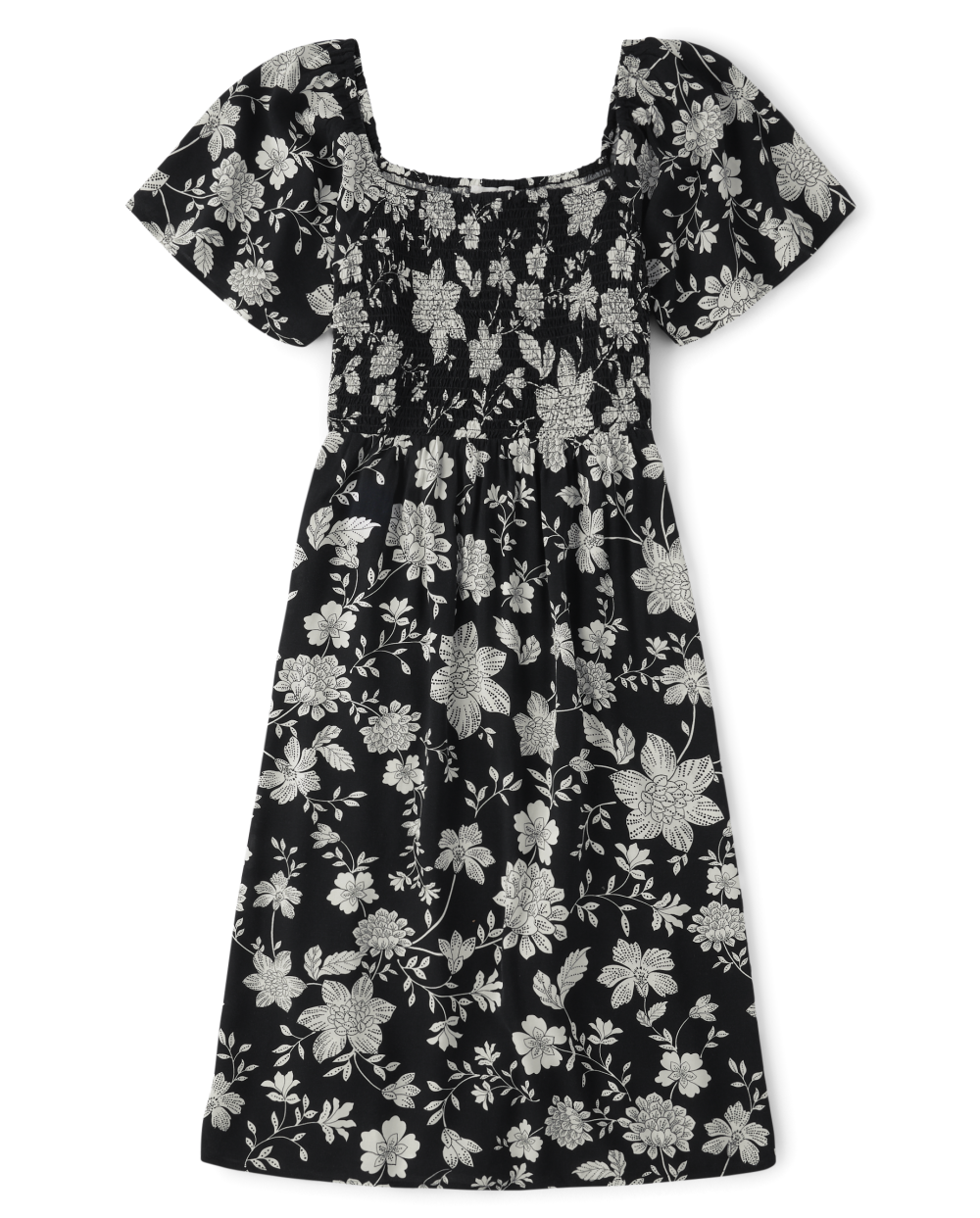 Floral Print Flutter Short Sleeves Sleeves Smocked Square Neck Above the Knee Rayon Dress
