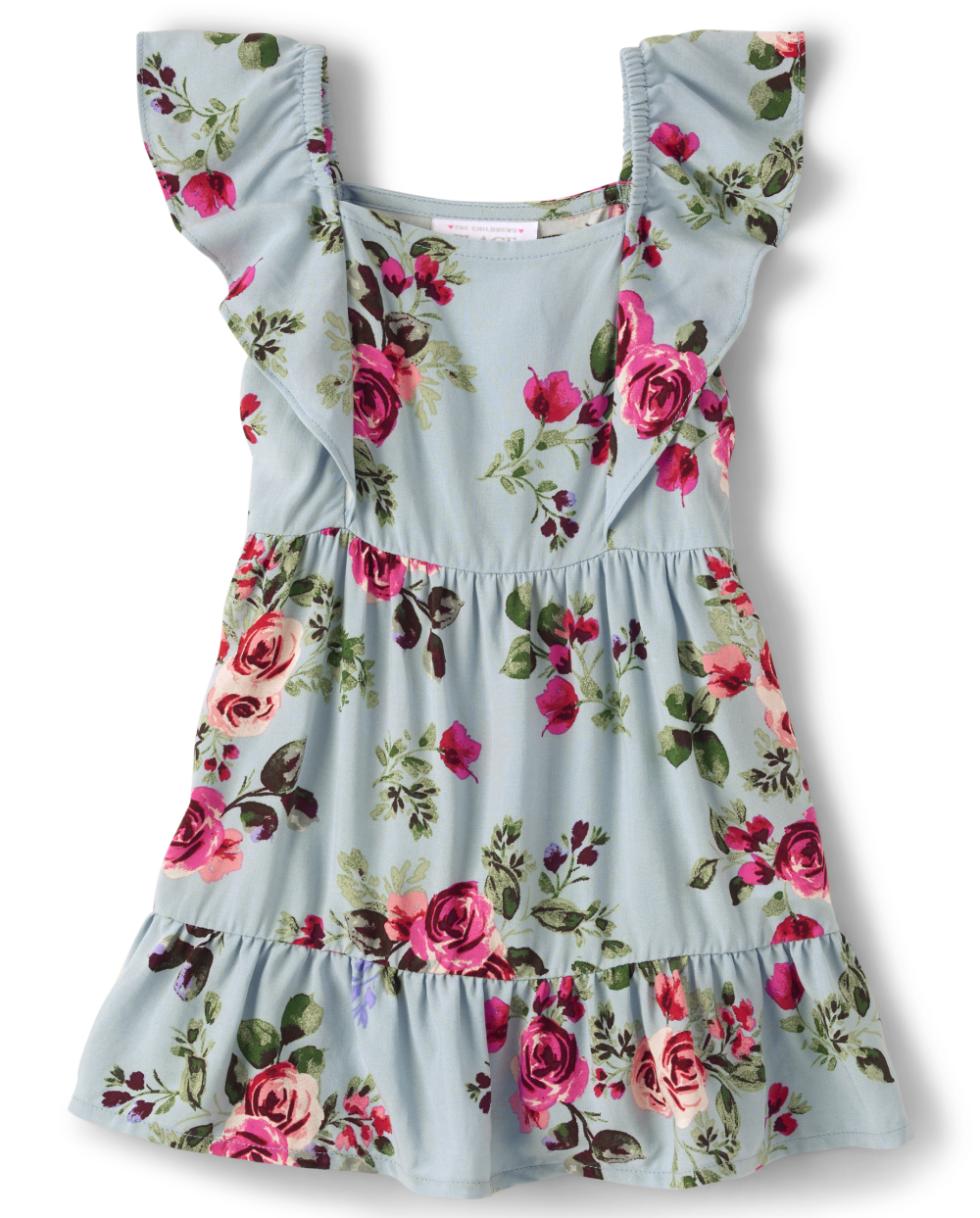 Toddler Floral Print Square Neck Rayon Flutter Sleeves Sleeveless Tiered Above the Knee Dress