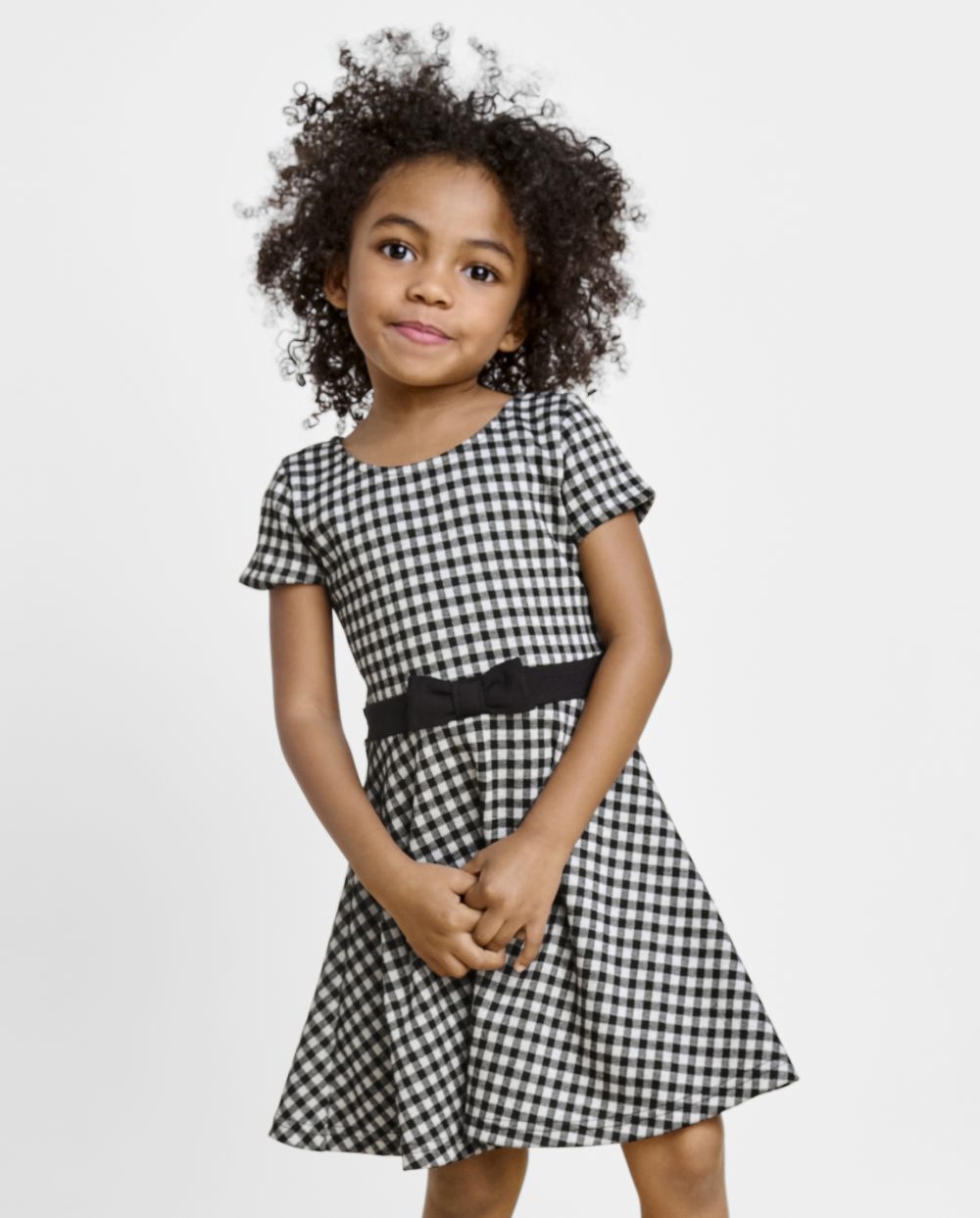 Toddler Baby Crew Neck Checkered Gingham Print Above the Knee Short Sleeves Sleeves Banding Jacquard Fitted Fit-and-Flare Dress With a Bow(s)