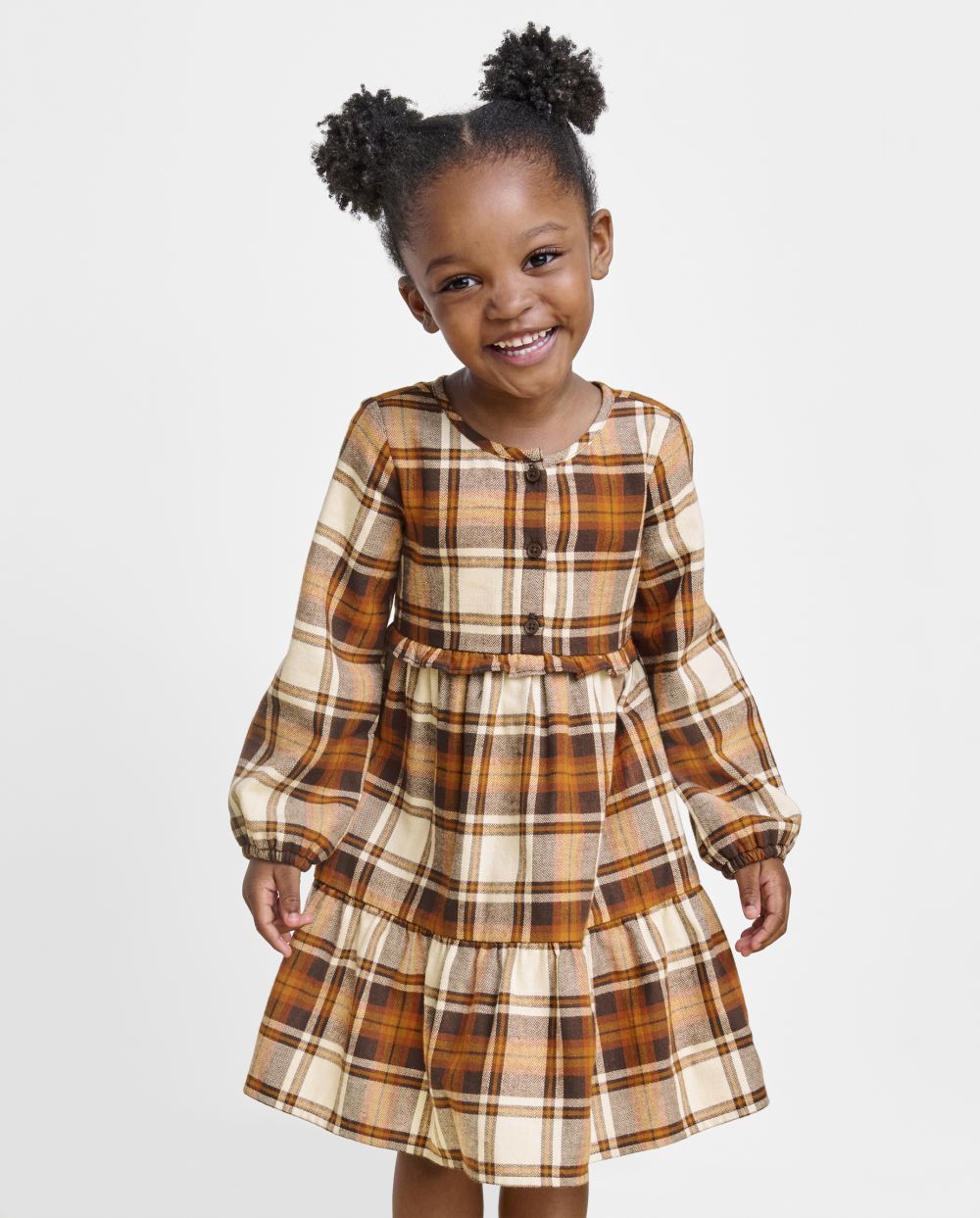 Toddler Crew Neck Cotton Plaid Print Above the Knee Tiered Ruffle Trim Long Sleeves Shirt Dress