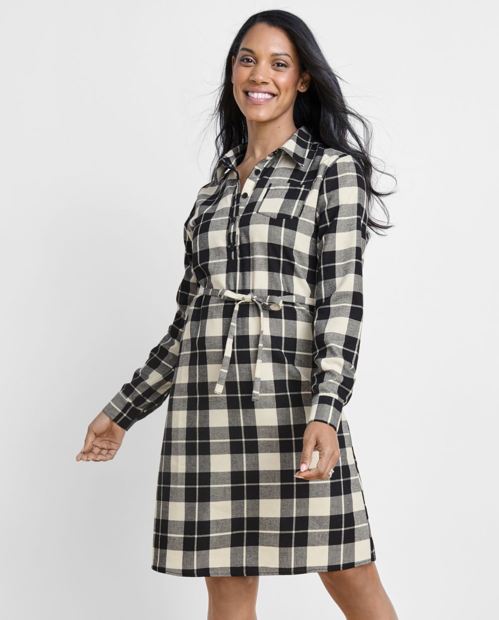 Tie Waist Waistline Long Sleeves Collared Above the Knee Self Tie Belted Pocketed Plaid Print Shirt Dress