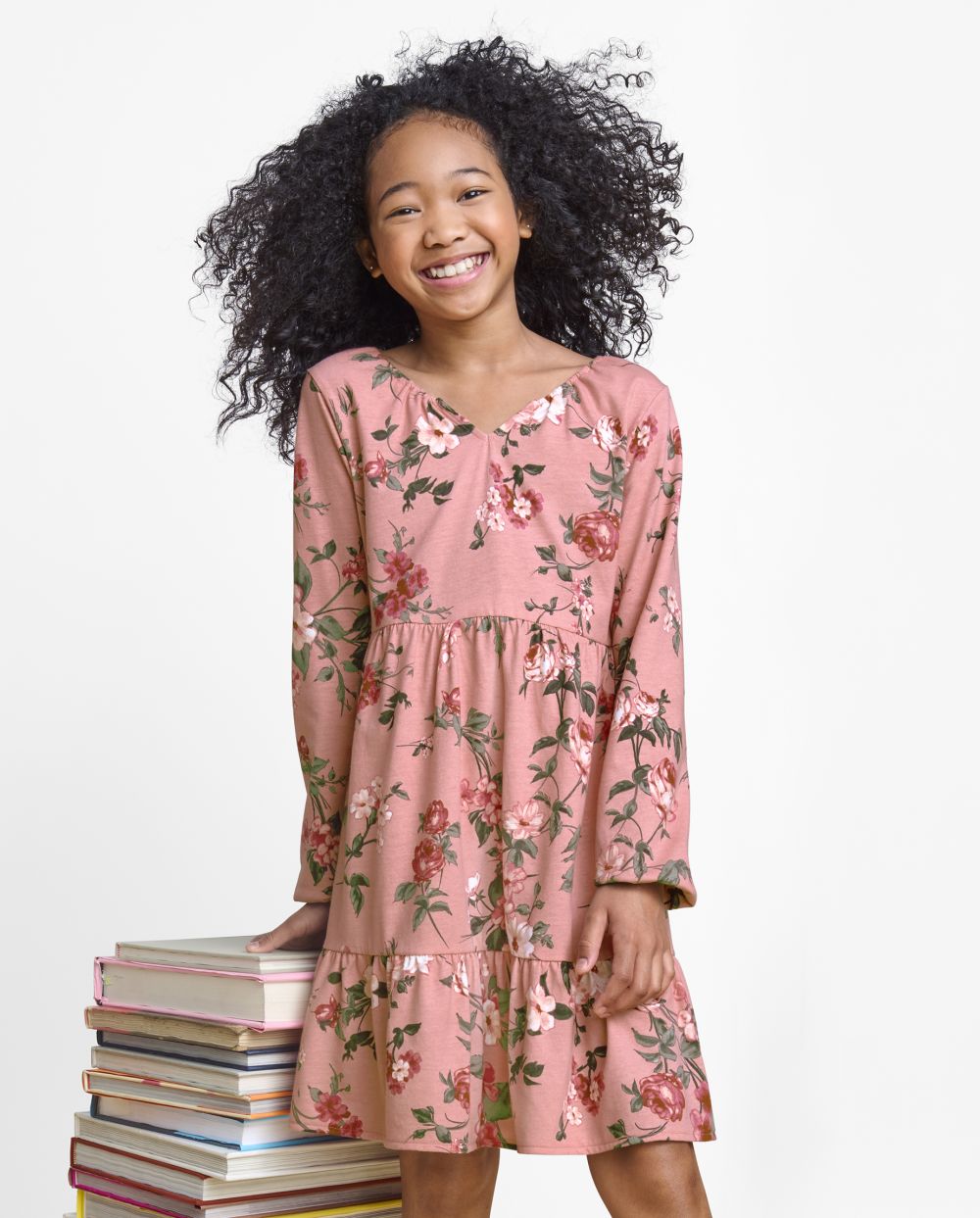 Girls Long Sleeves Floral Print Above the Knee Tiered Dress