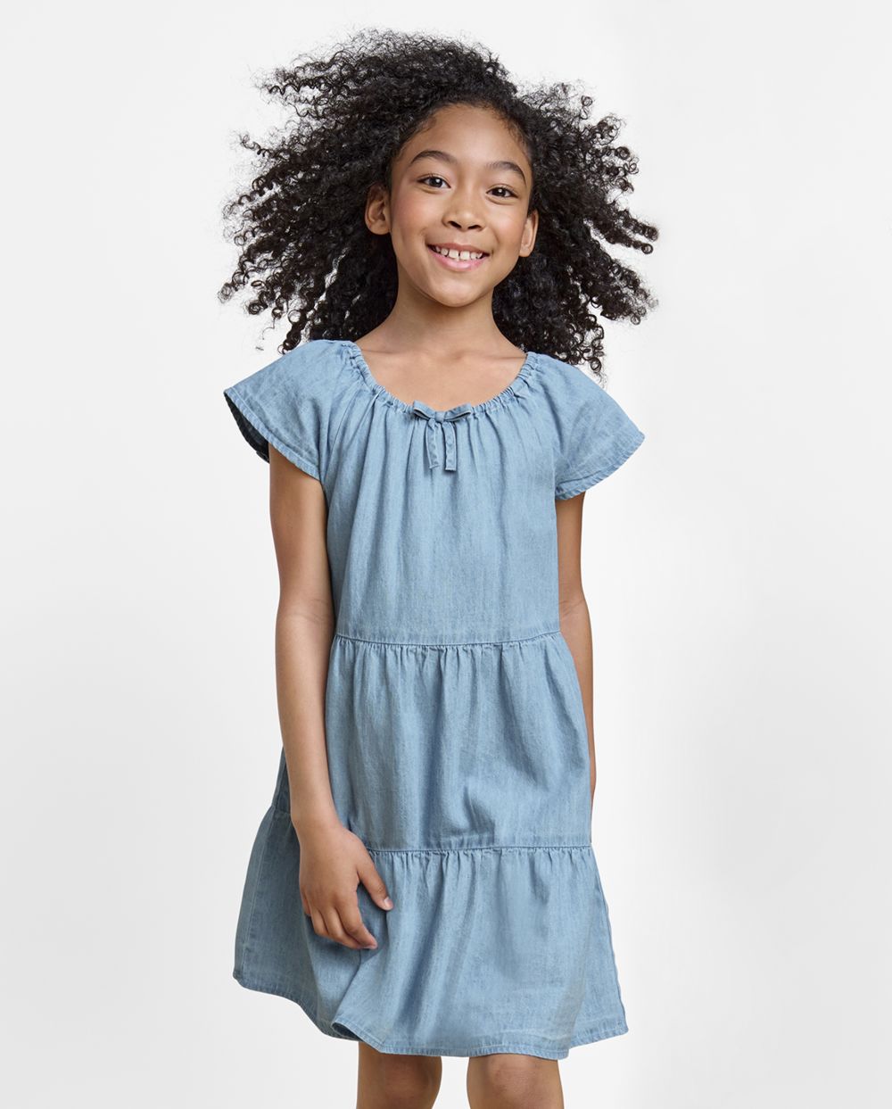 Girls Flutter Short Sleeves Sleeves Cotton Tiered Above the Knee Dress With a Bow(s)