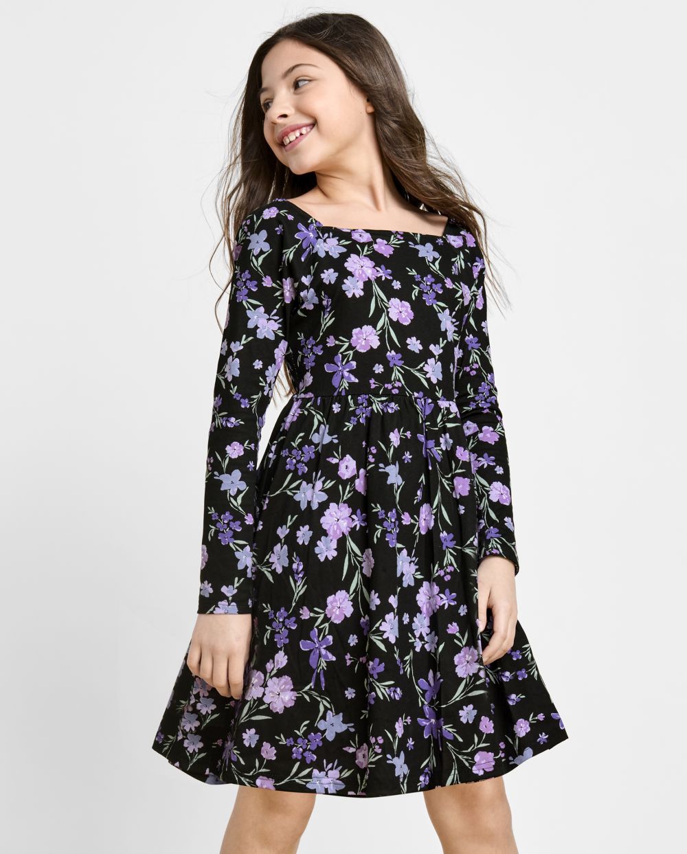 Girls Long Sleeves Above the Knee Square Neck Floral Print Dress