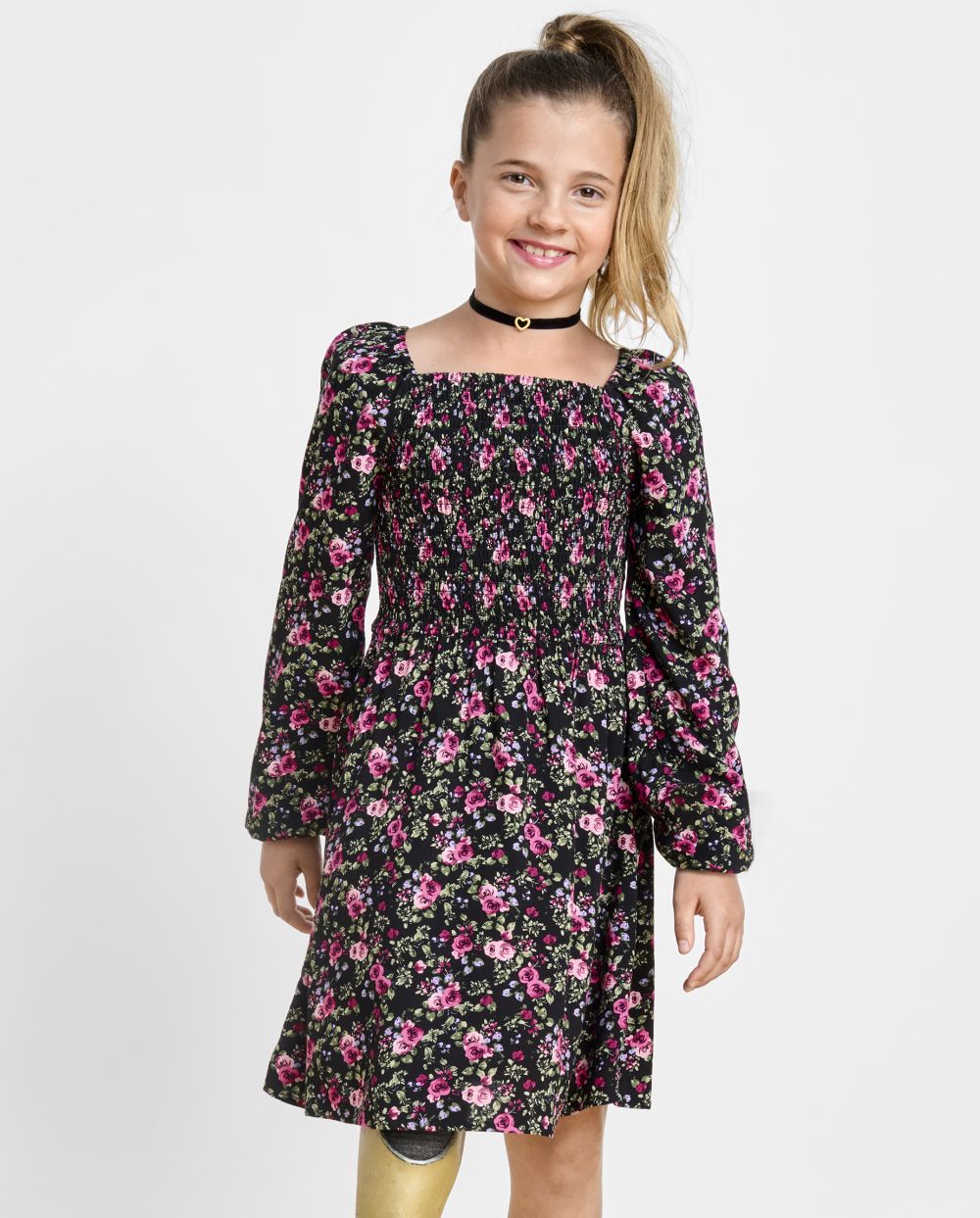 Girls Long Sleeves Rayon Floral Print Smocked Square Neck Above the Knee Dress