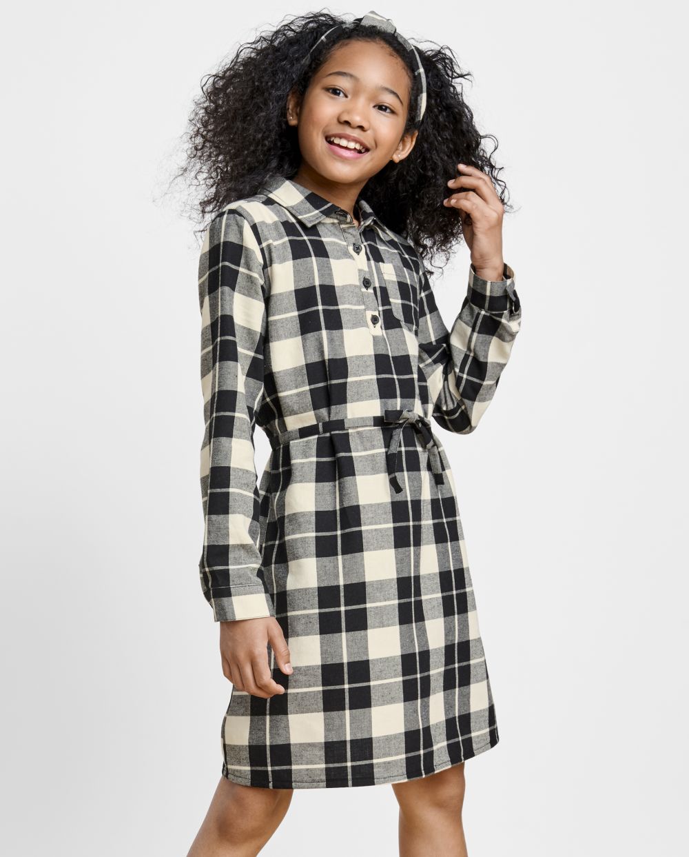 Girls Tie Waist Waistline Belted Self Tie Pocketed Plaid Print Collared Above the Knee Long Sleeves Shirt Dress