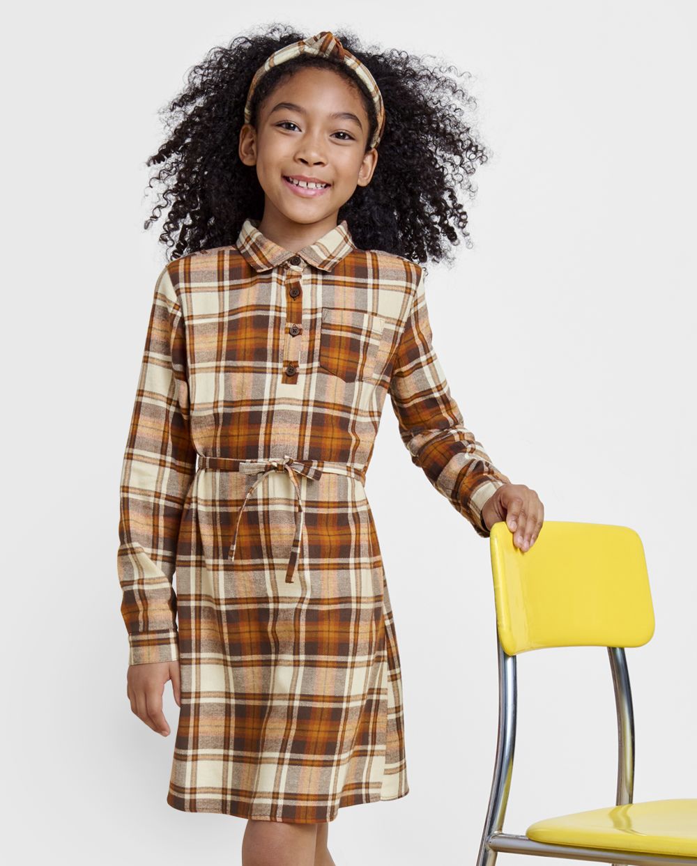 Girls Collared Self Tie Belted Pocketed Tie Waist Waistline Long Sleeves Plaid Print Above the Knee Cotton Shirt Dress